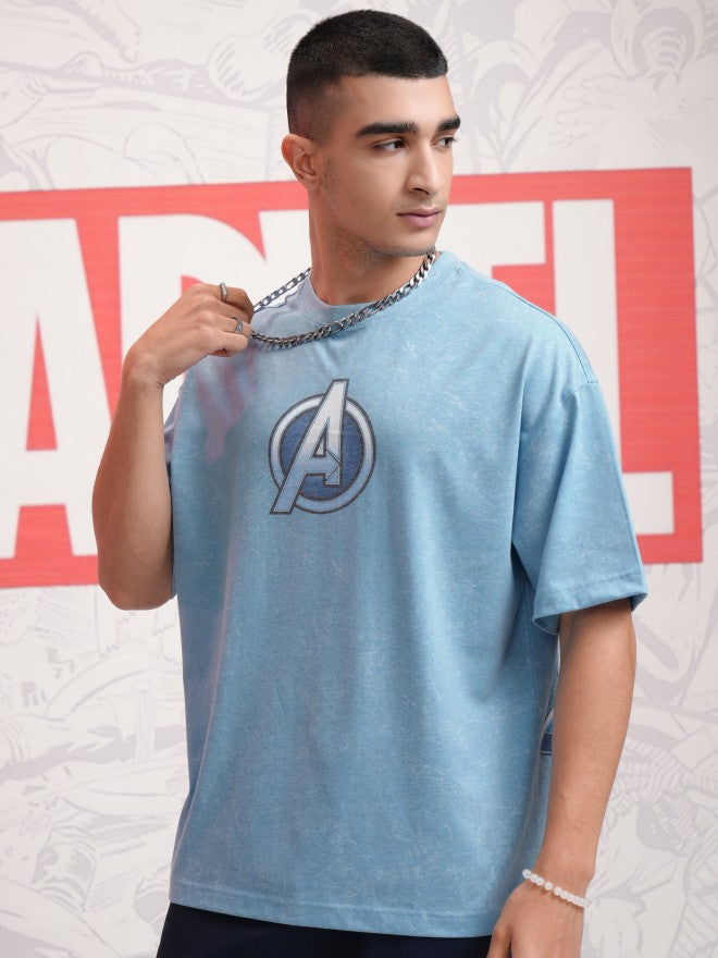 Marvel By Highlander Men Blue Avengers Printed Round Neck Oversized Fit T-Shirt - Blue - Image 4