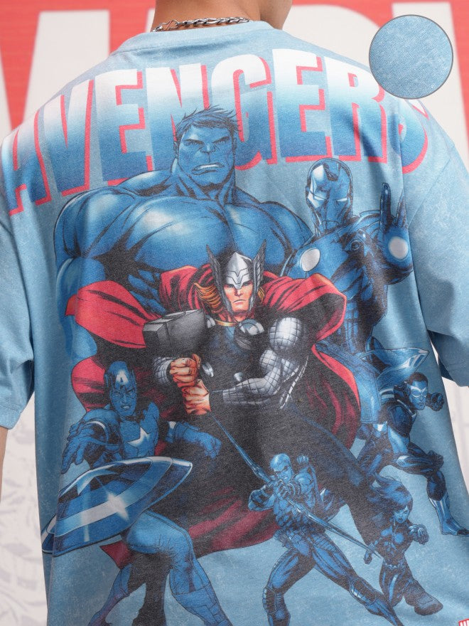 Marvel By Highlander Men Blue Avengers Printed Round Neck Oversized Fit T-Shirt - Blue - Image 5