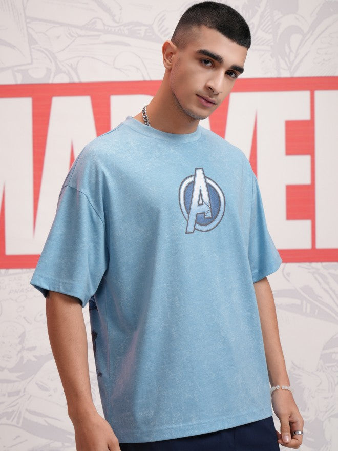 Marvel By Highlander Men Blue Avengers Printed Round Neck Oversized Fit T-Shirt - Blue - Image 6
