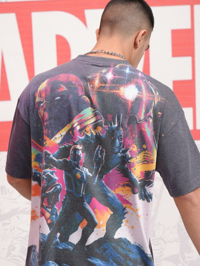 Marvel By Highlander Men Black Guardians Of The Galaxy Printed Round Neck Oversized Fit T-Shirt - Black - Image 1