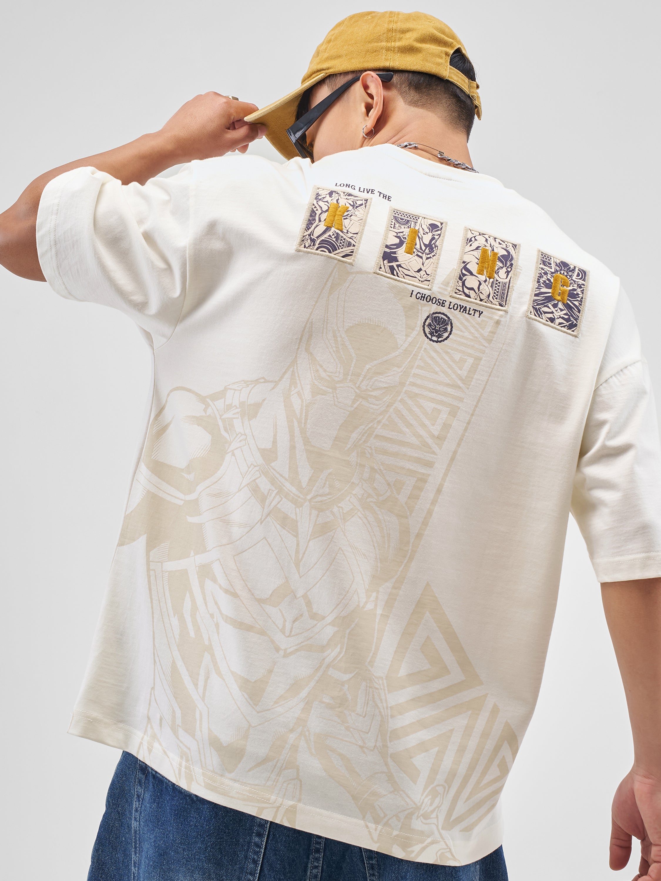 Marvel By Highlander Men Off White Black Panther Printed Round Neck Oversized Fit T-Shirt - Off White - Image 1