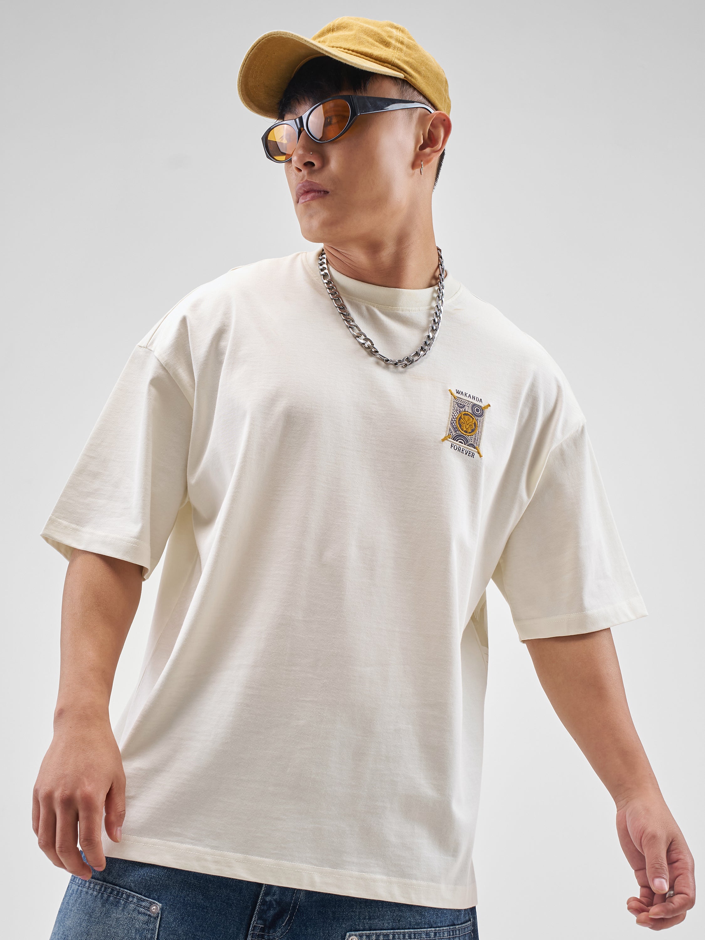 Marvel By Highlander Men Off White Black Panther Printed Round Neck Oversized Fit T-Shirt - Off White - Image 3
