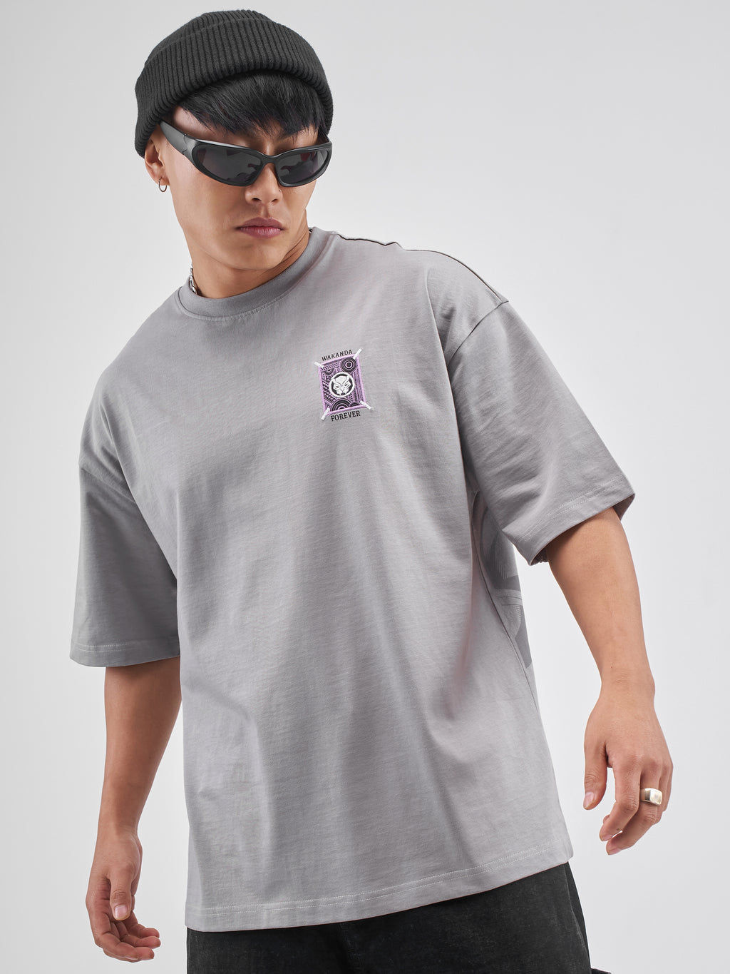 Marvel By Highlander Men Grey Black Panther Printed Round Neck Oversized Fit T-Shirt - Grey - Image 3
