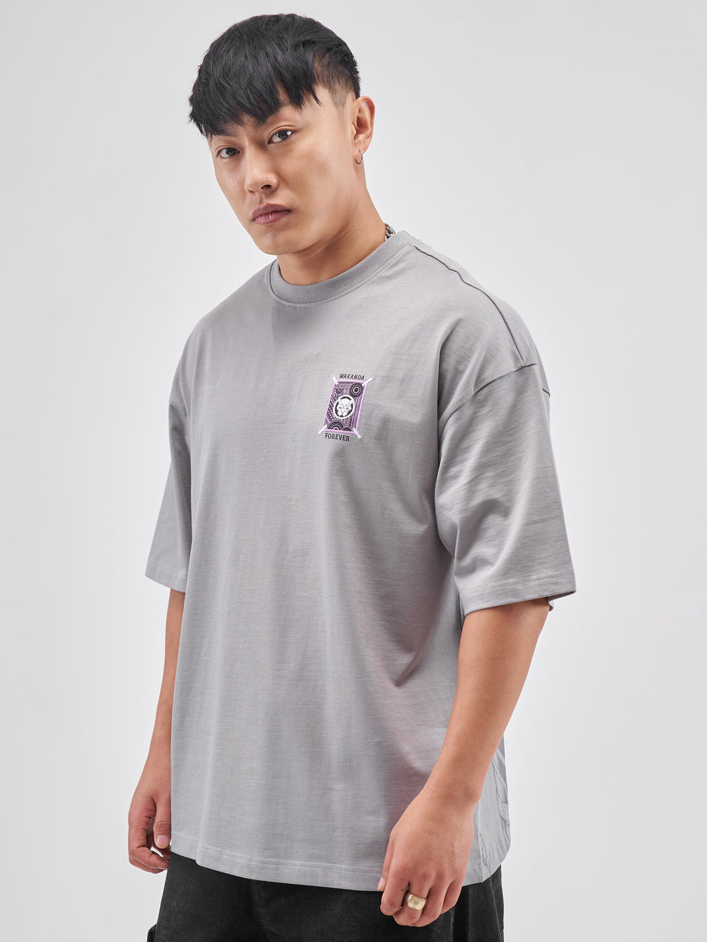 Marvel By Highlander Men Grey Black Panther Printed Round Neck Oversized Fit T-Shirt - Grey - Image 4