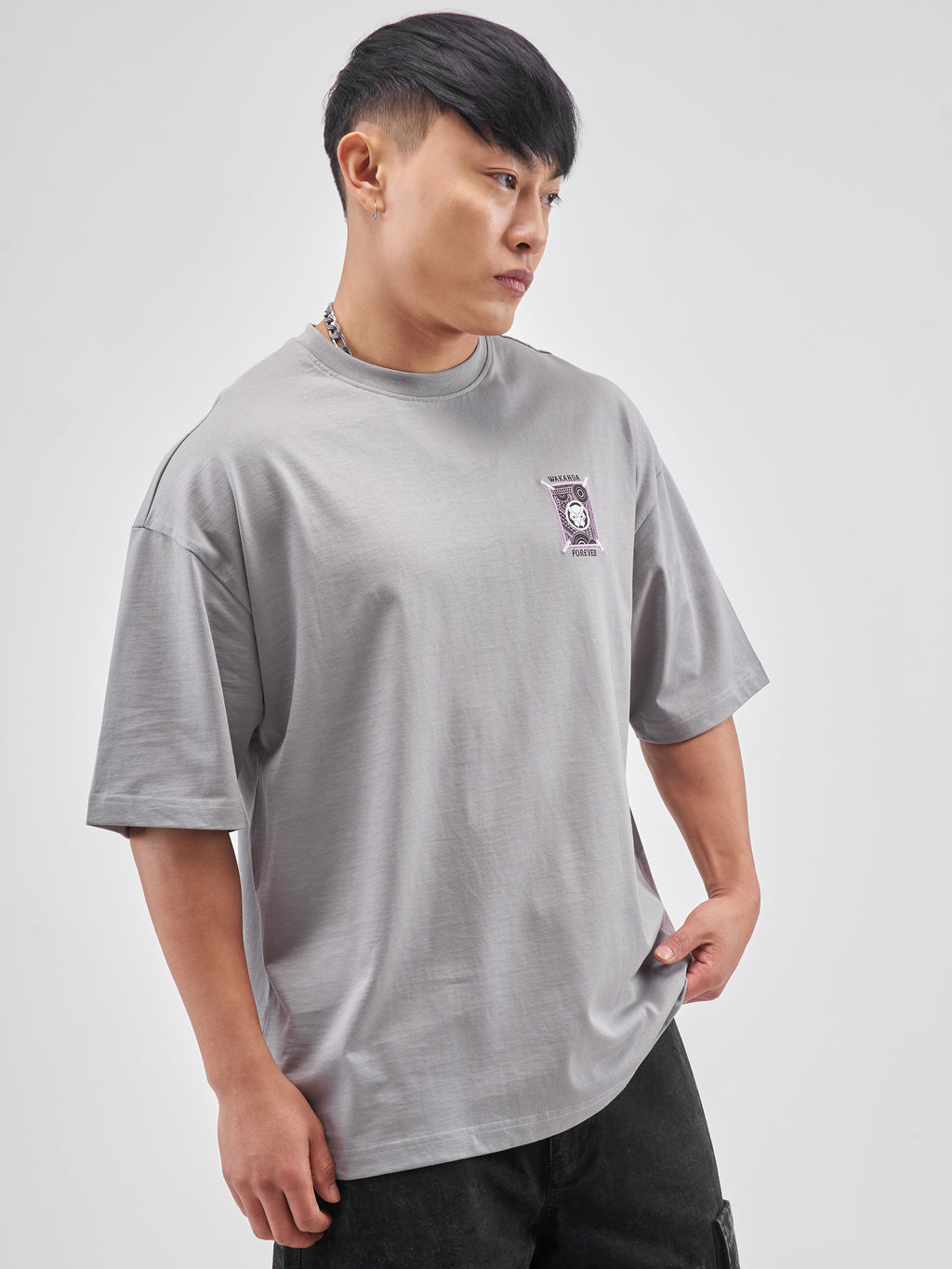 Marvel By Highlander Men Grey Black Panther Printed Round Neck Oversized Fit T-Shirt - Grey - Image 6