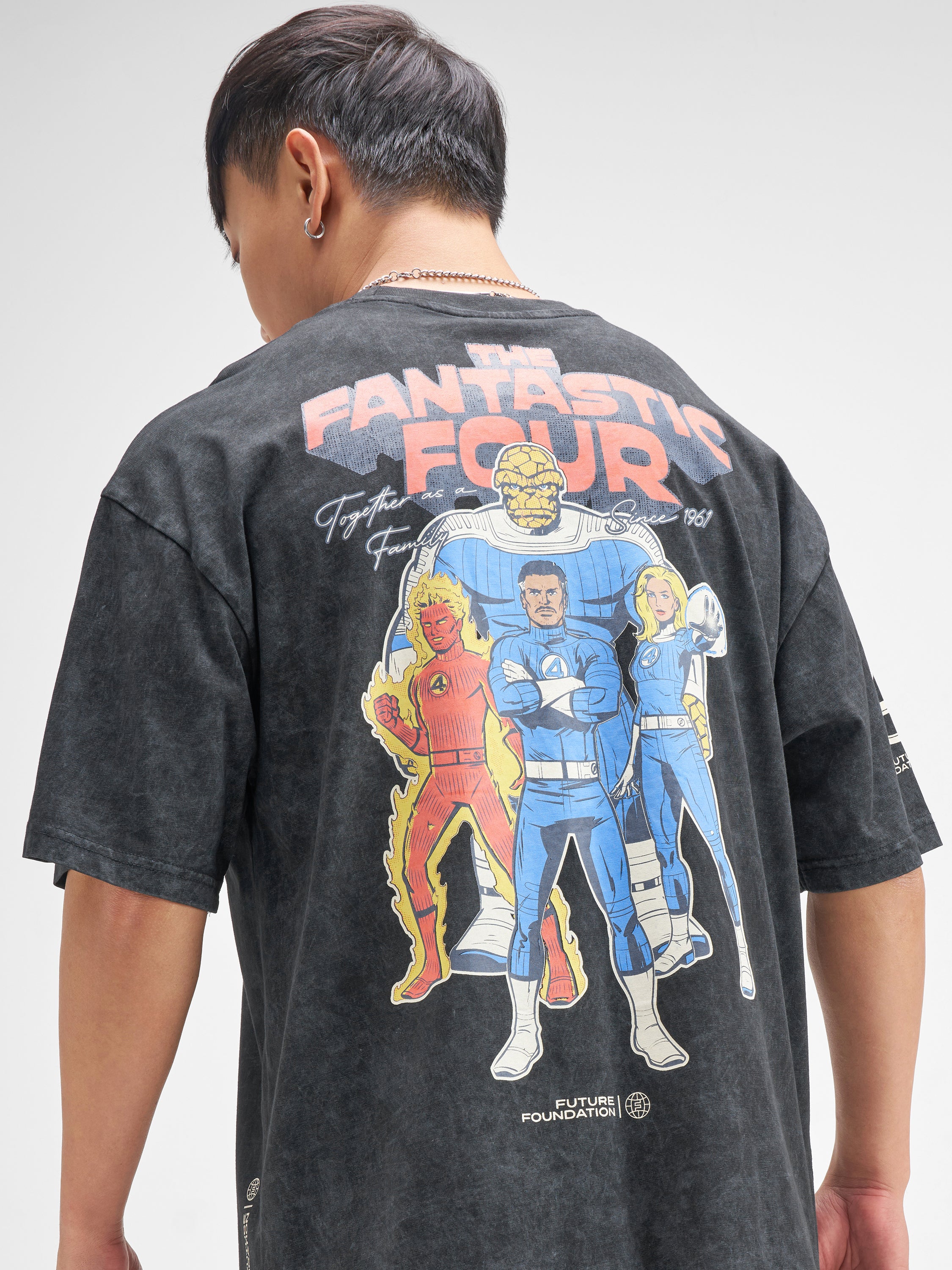 Marvel By Highlander Men Black The Fantastic Four Printed Round Neck Oversized Fit T-Shirt - Black - Image 1