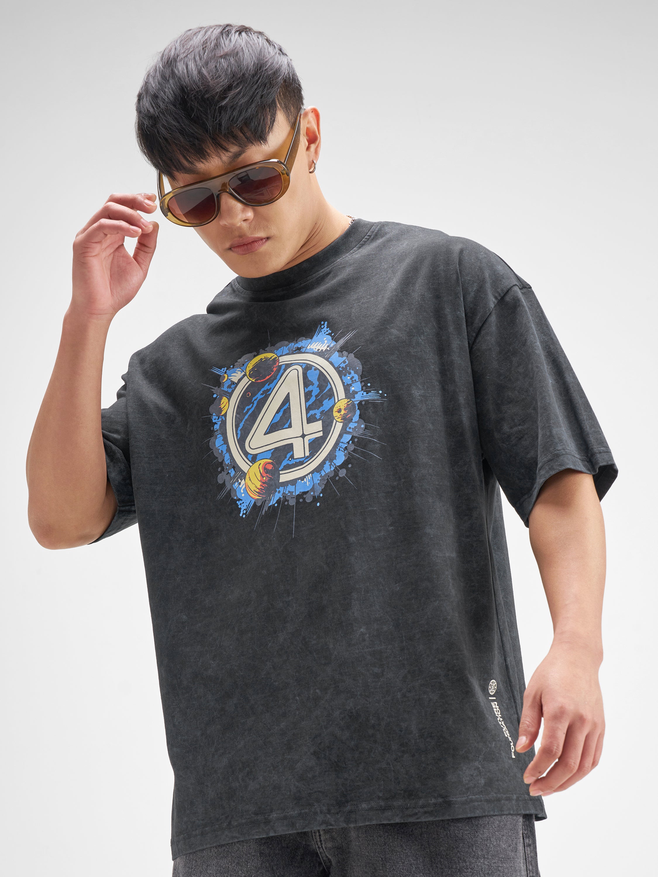 Marvel By Highlander Men Black The Fantastic Four Printed Round Neck Oversized Fit T-Shirt - Black - Image 3