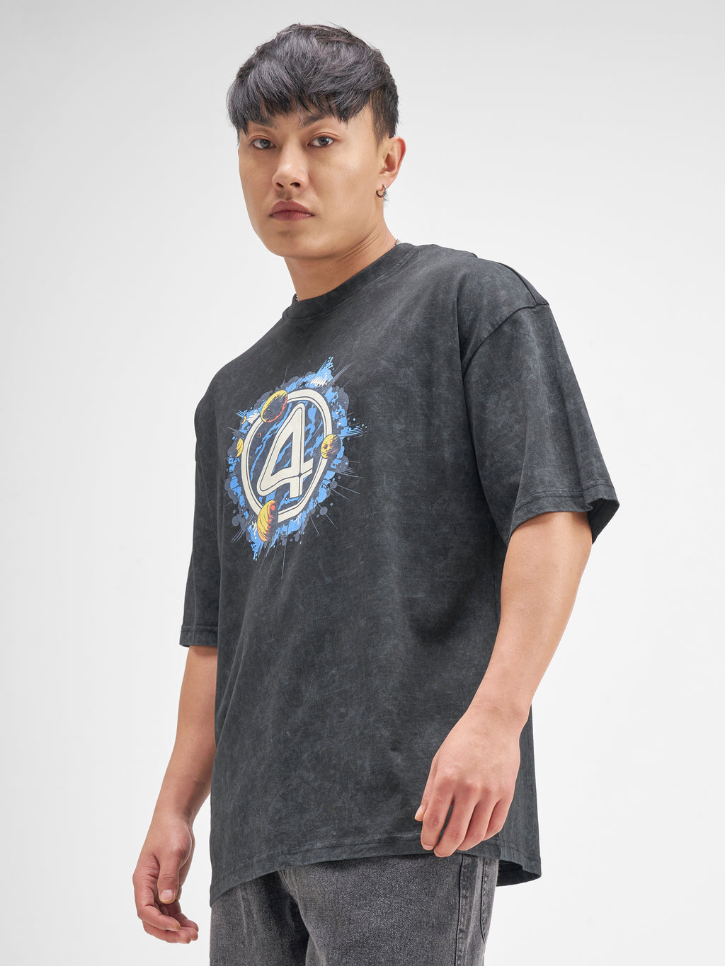 Marvel By Highlander Men Black The Fantastic Four Printed Round Neck Oversized Fit T-Shirt - Black - Image 4