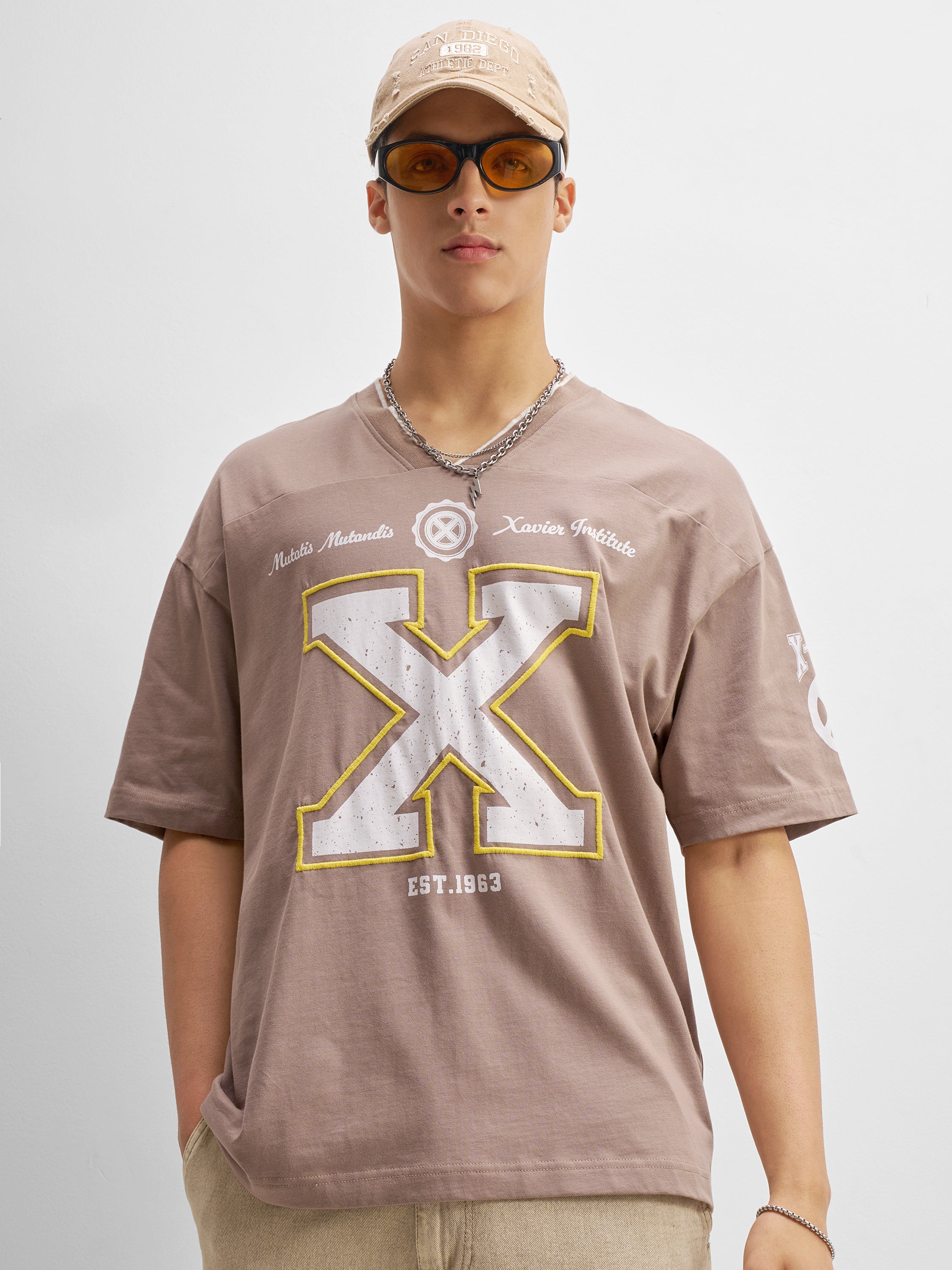 Marvel By Highlander Men Taupe Embroidered V-Neck T-Shirt - Taupe - Image 3
