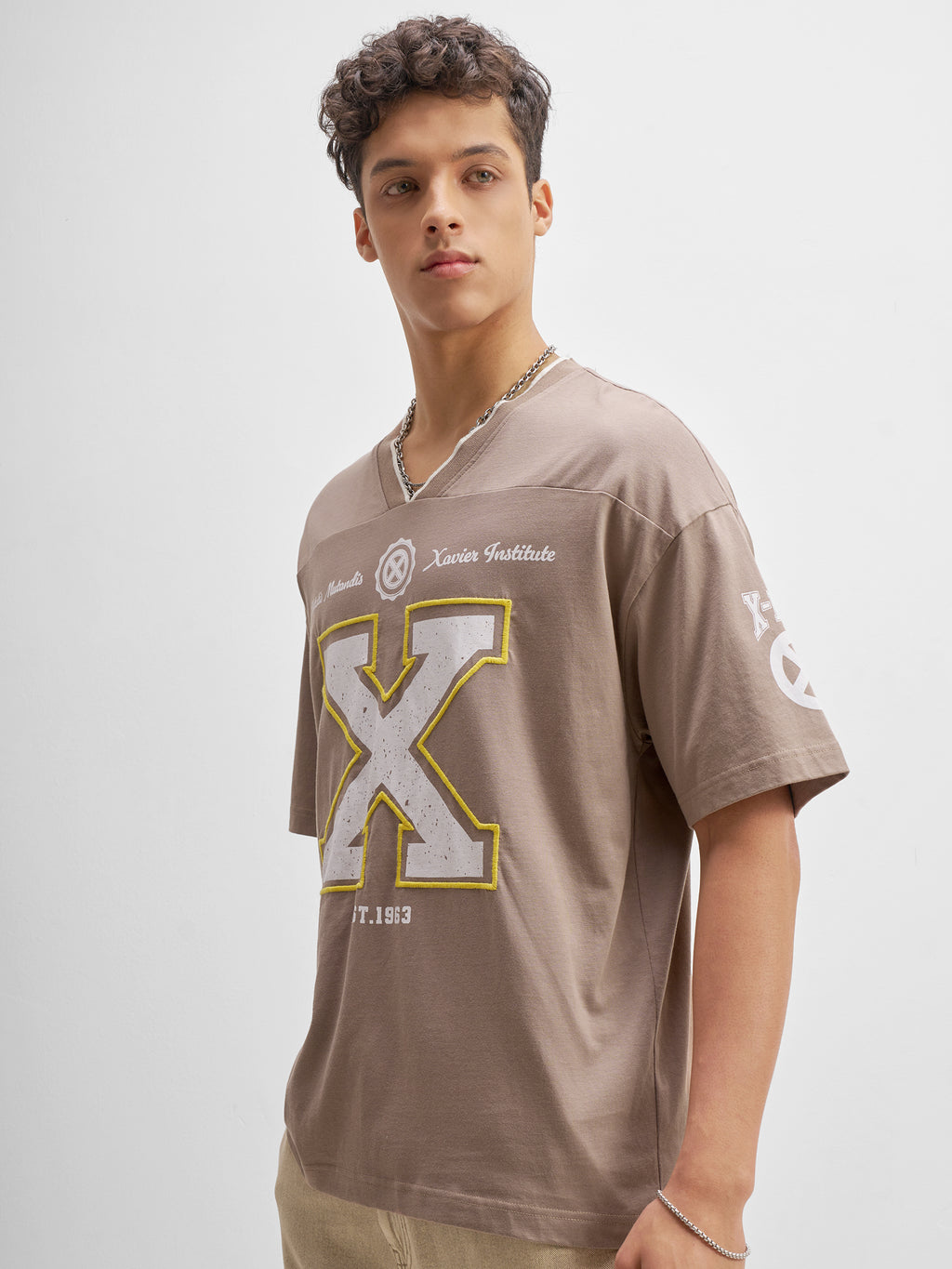 Marvel By Highlander Men Taupe Embroidered V-Neck T-Shirt - Taupe - Image 4