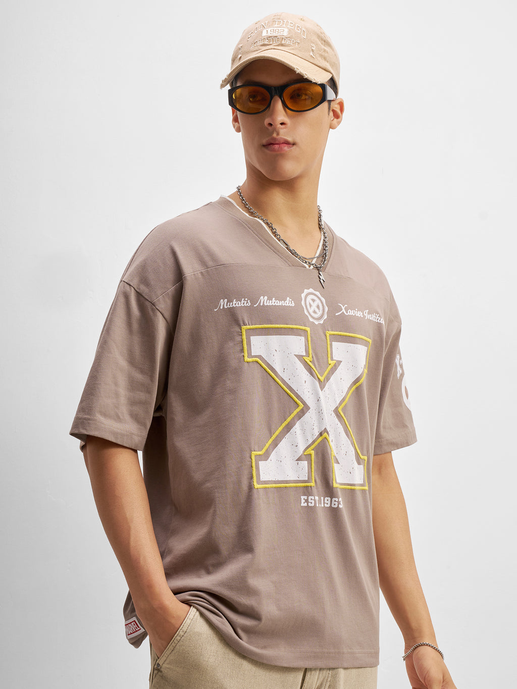 Marvel By Highlander Men Taupe Embroidered V-Neck T-Shirt - Taupe - Image 6