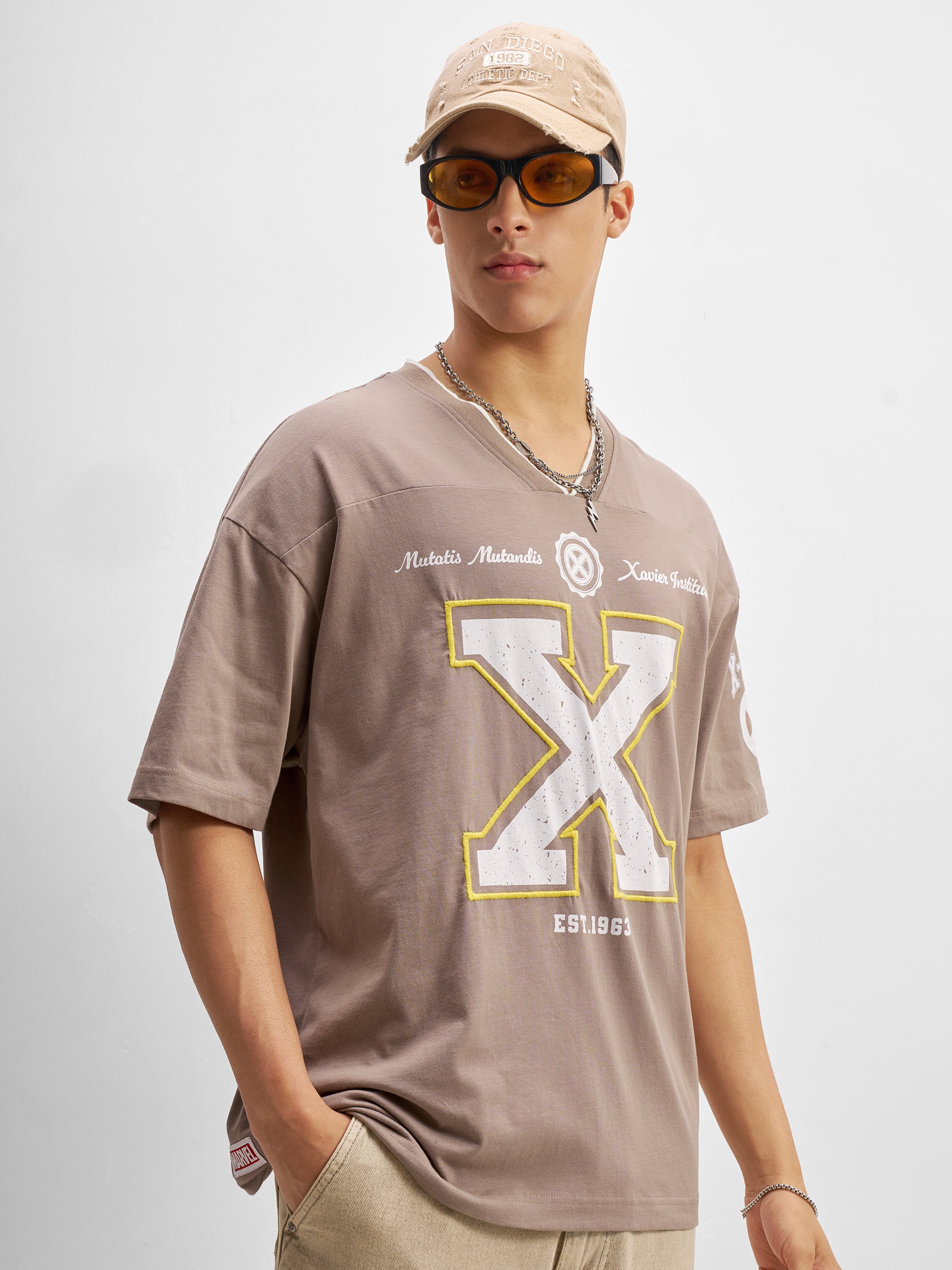 Marvel By Highlander Men Taupe Embroidered V-Neck T-Shirt - Taupe - Image 6