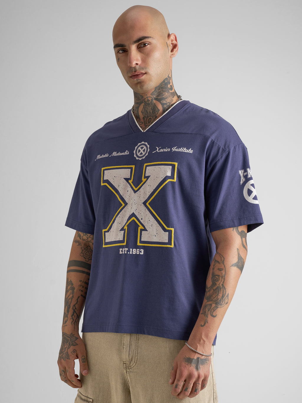 Marvel By Highlander Men Blue Embroidered V-Neck T-Shirt - Blue - Image 4
