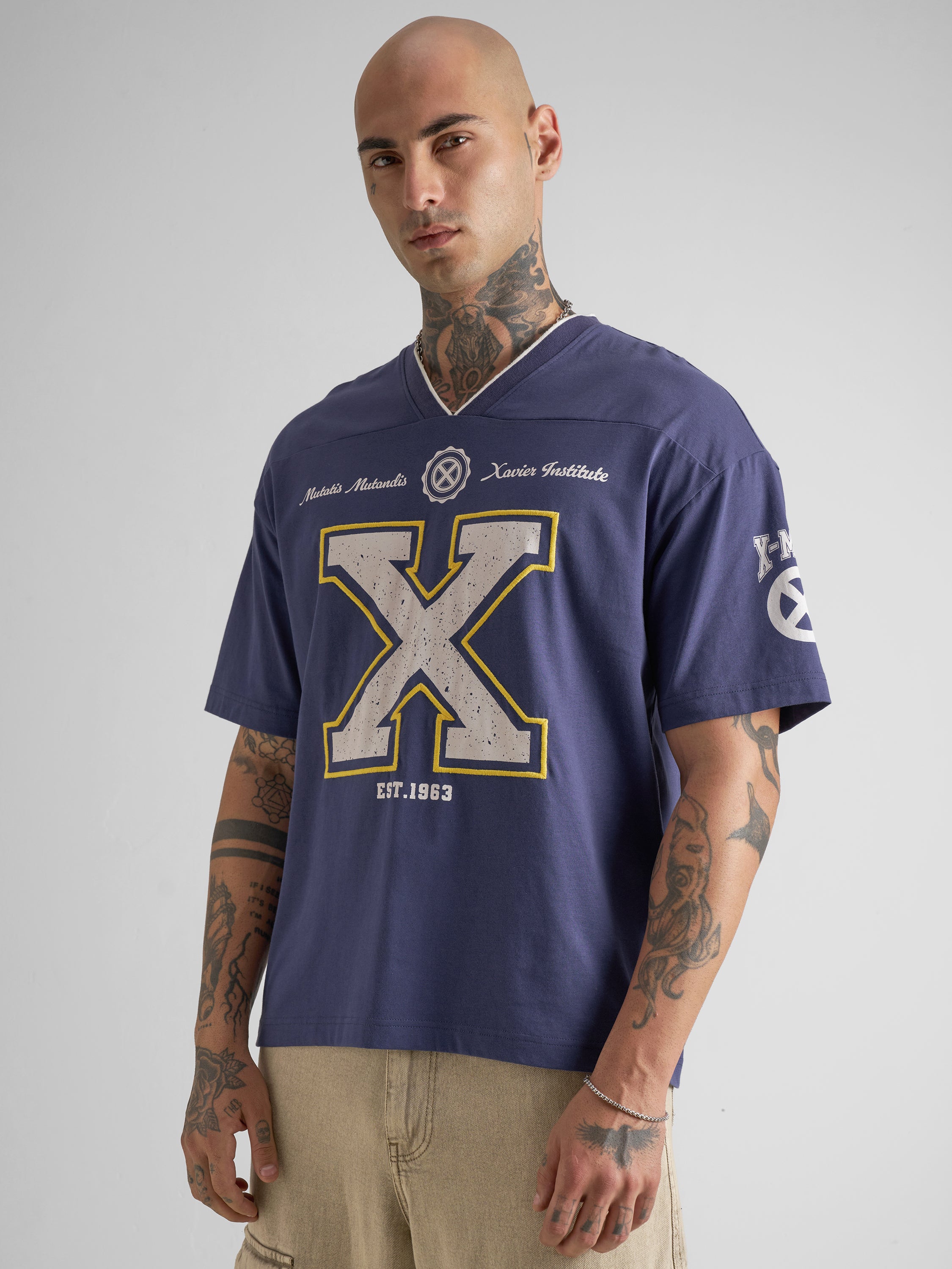 Marvel By Highlander Men Blue Embroidered V-Neck T-Shirt - Blue - Image 4