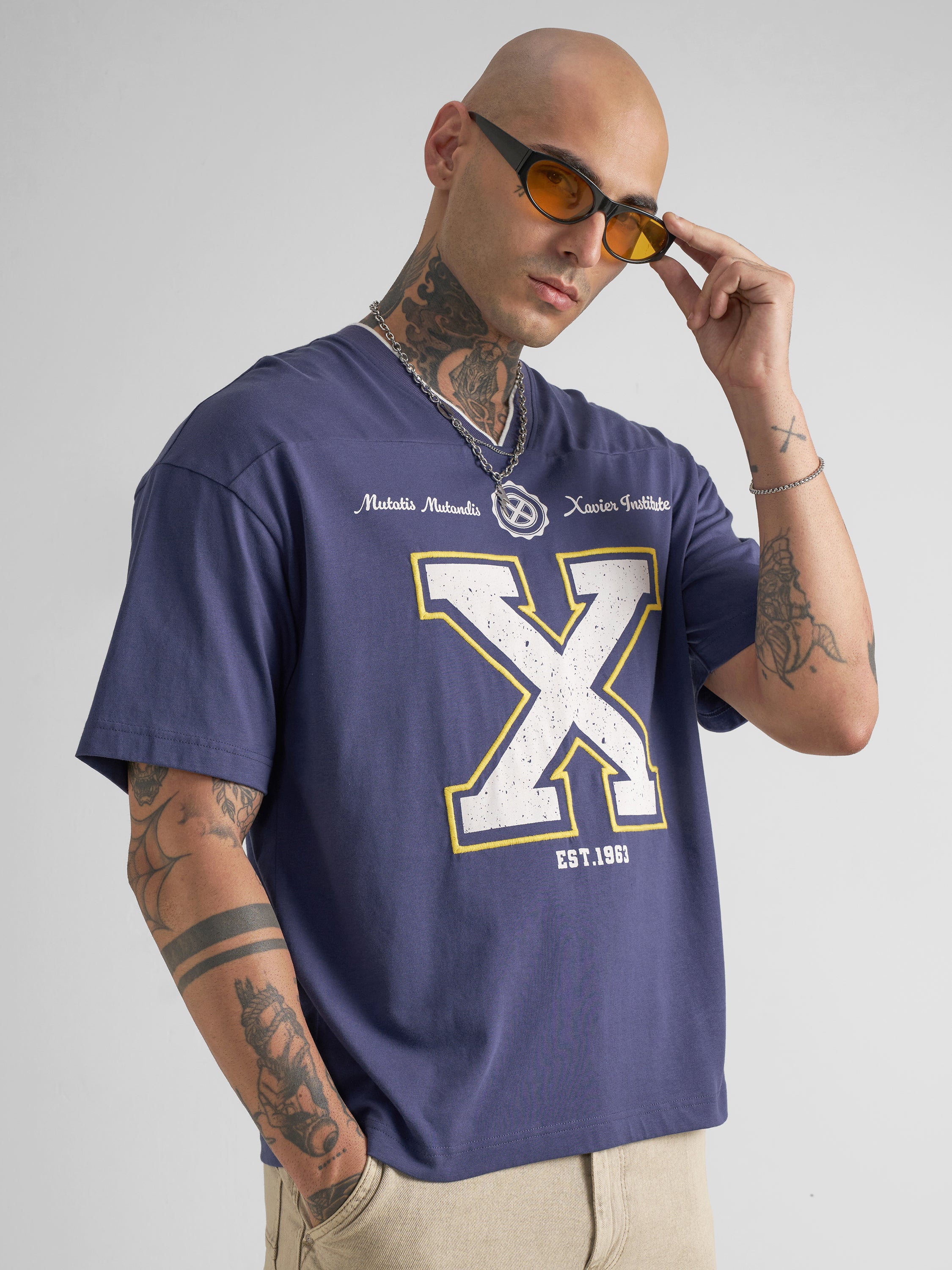Marvel By Highlander Men Blue Embroidered V-Neck T-Shirt - Blue - Image 6