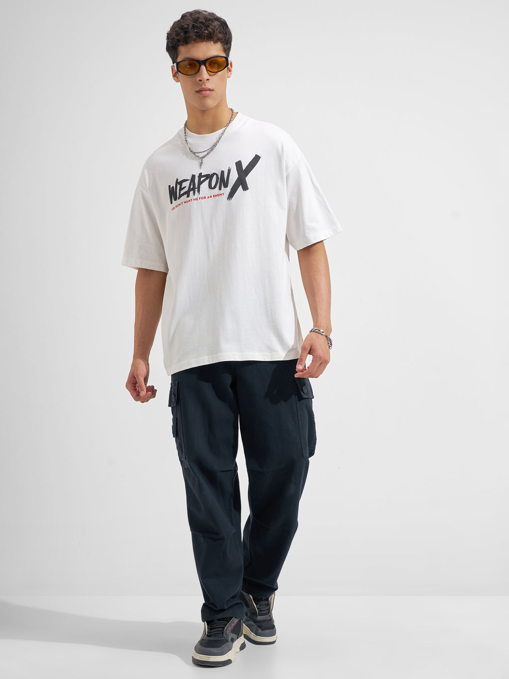 Marvel By Highlander Men White X-Men Printed Round Neck Oversized Fit T-Shirt