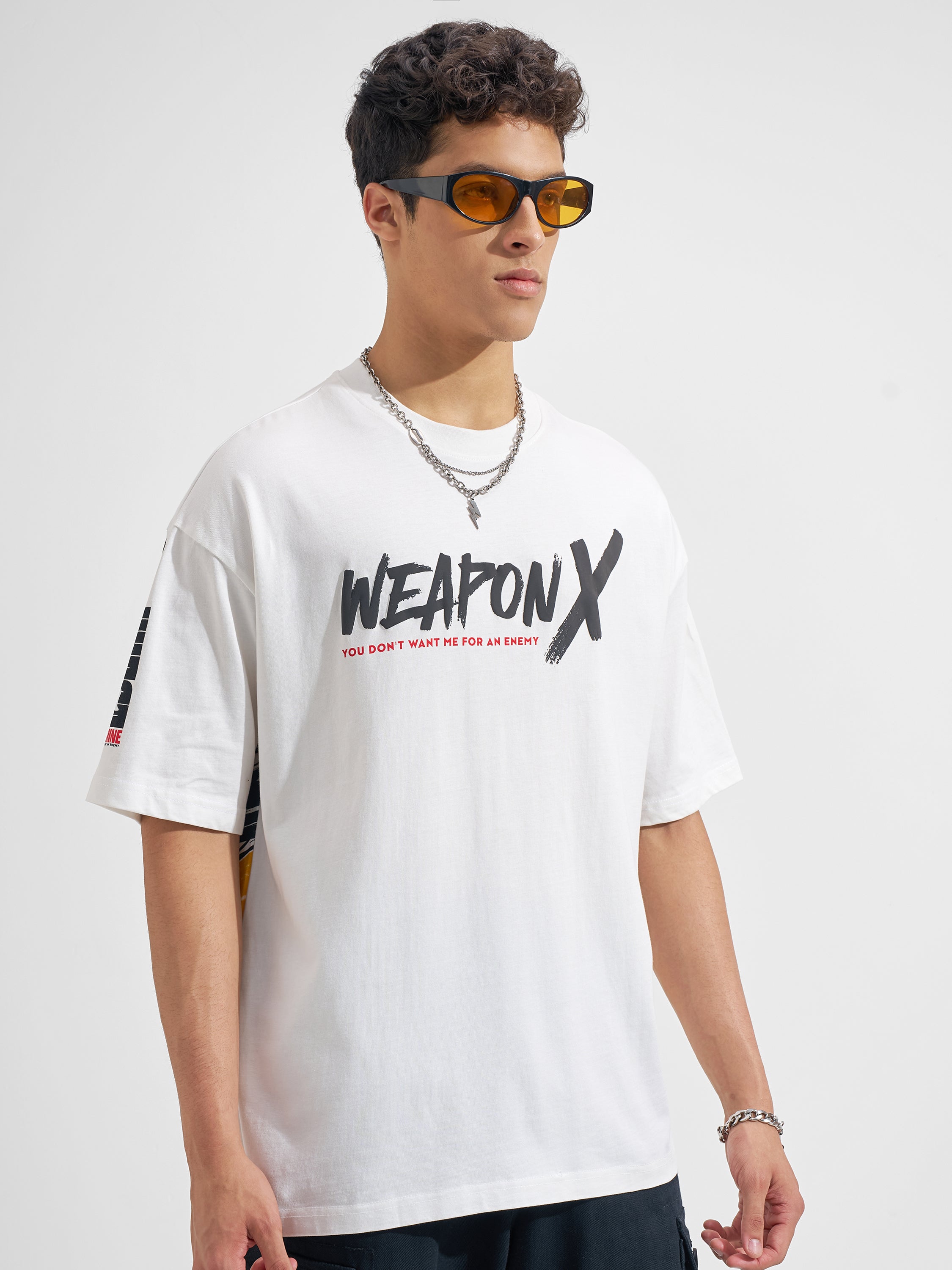 Marvel By Highlander Men White X-Men Printed Round Neck Oversized Fit T-Shirt