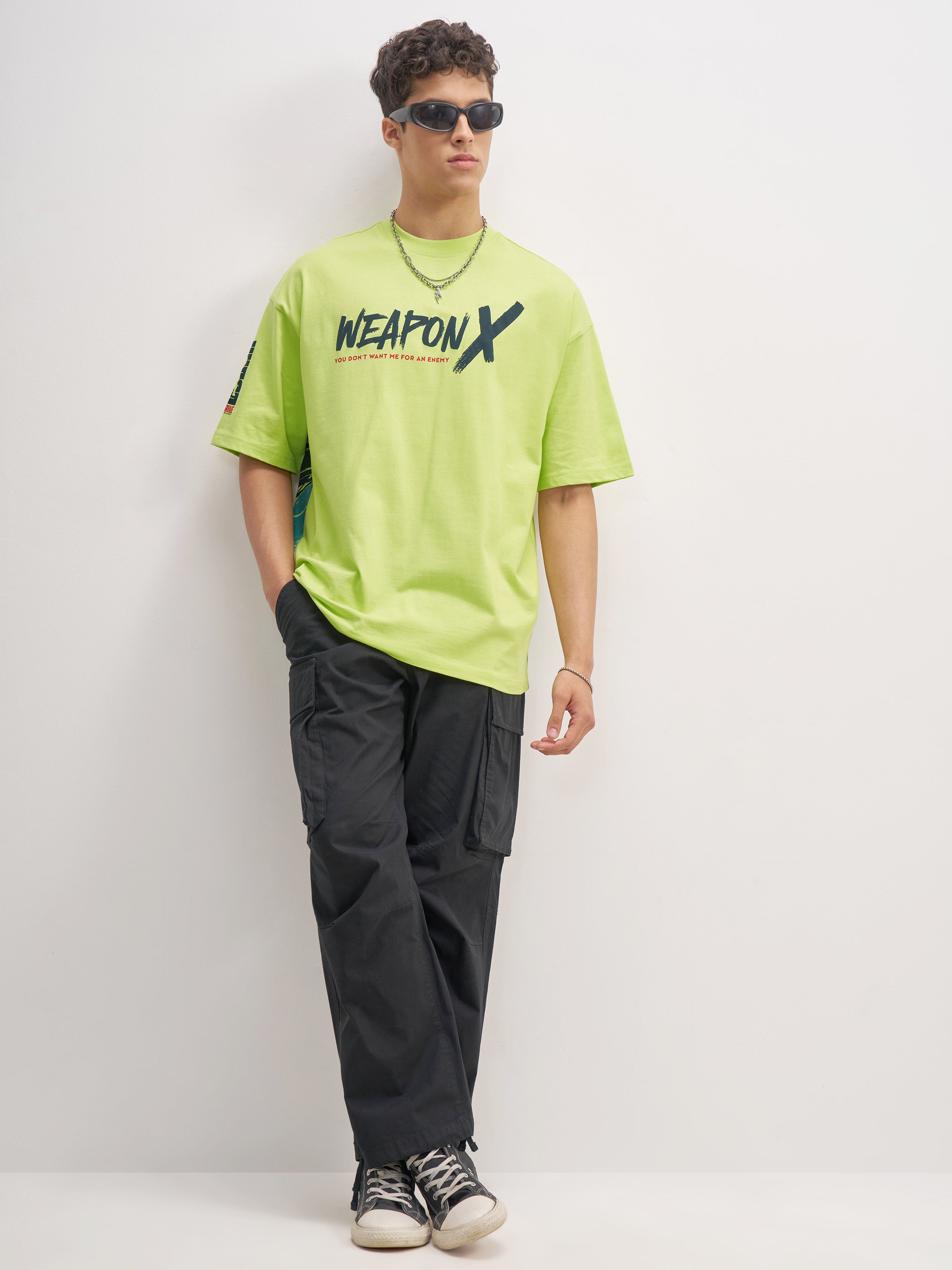 Marvel By Highlander Men Green X-Men Printed Round Neck Oversized Fit T-Shirt