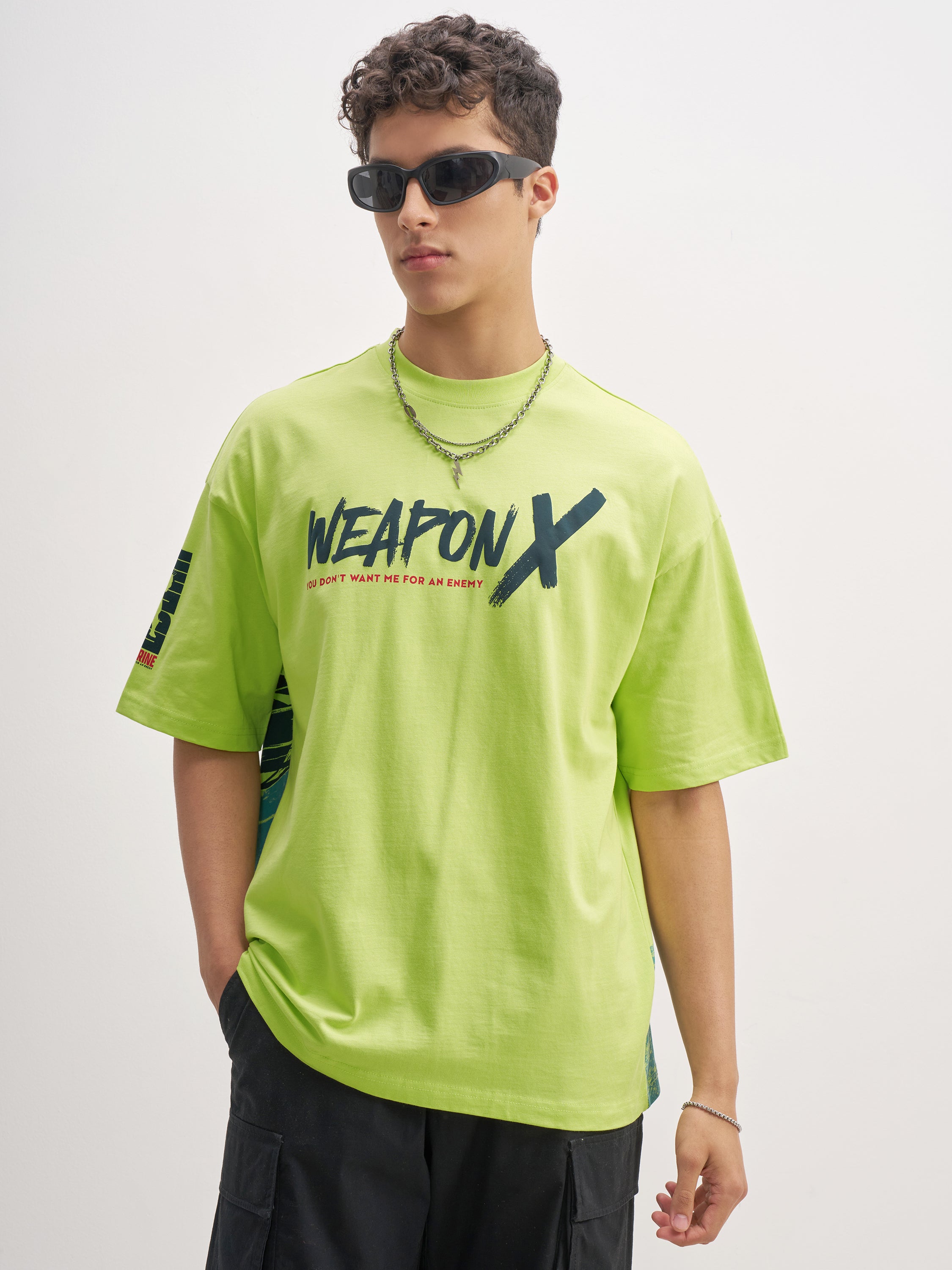 Marvel By Highlander Men Green X-Men Printed Round Neck Oversized Fit T-Shirt