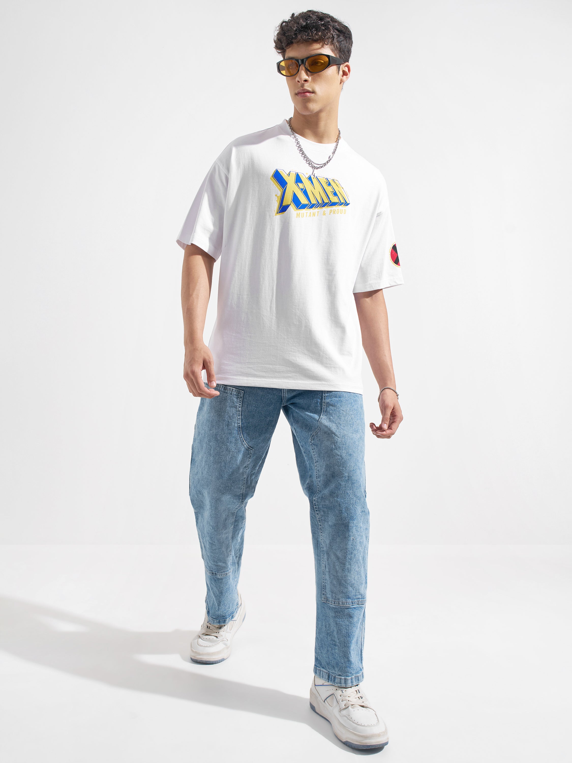 Marvel By Highlander Men White X-Men Printed Round Neck Oversized Fit T-Shirt