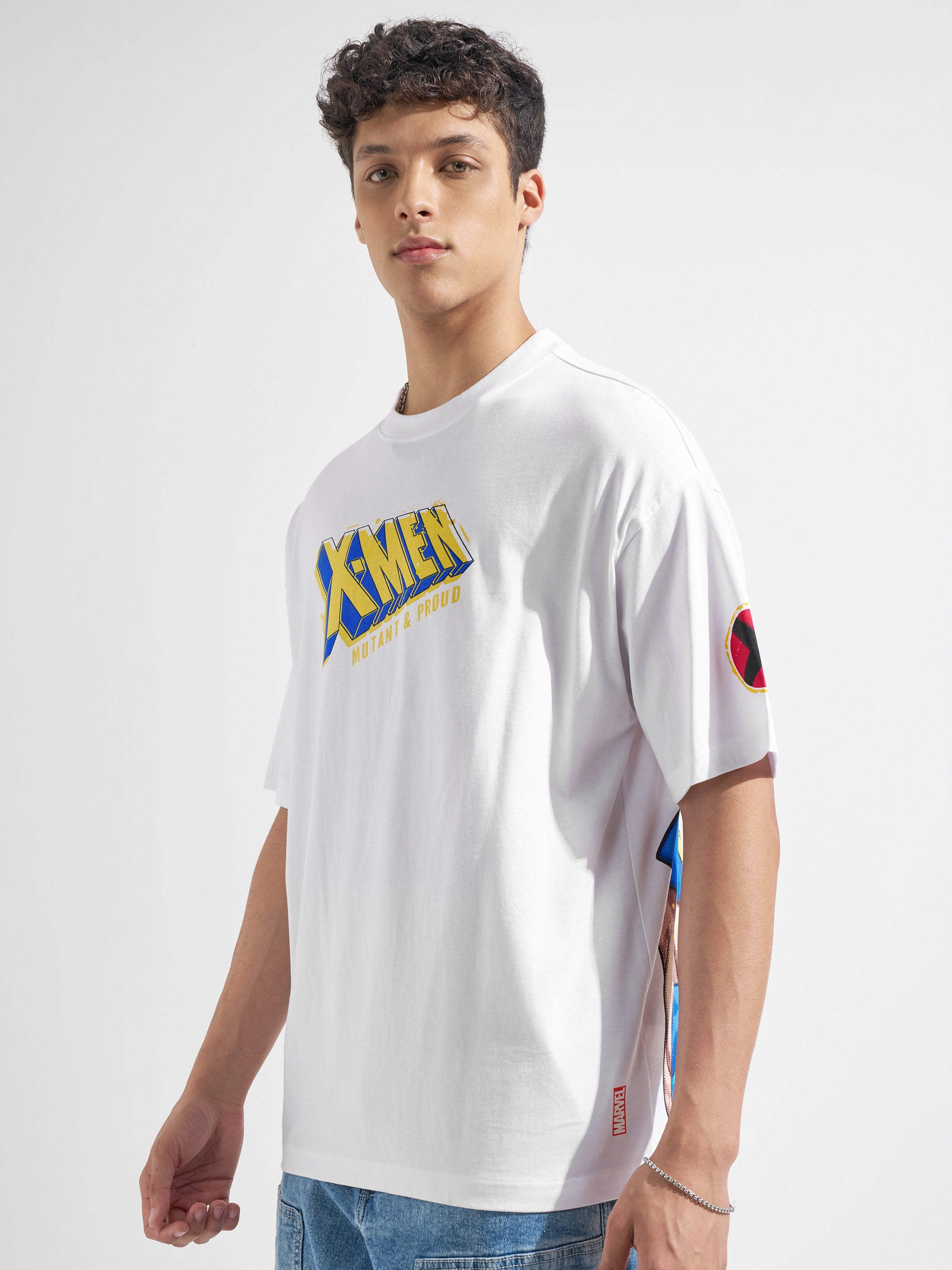 Marvel By Highlander Men White X-Men Printed Round Neck Oversized Fit T-Shirt