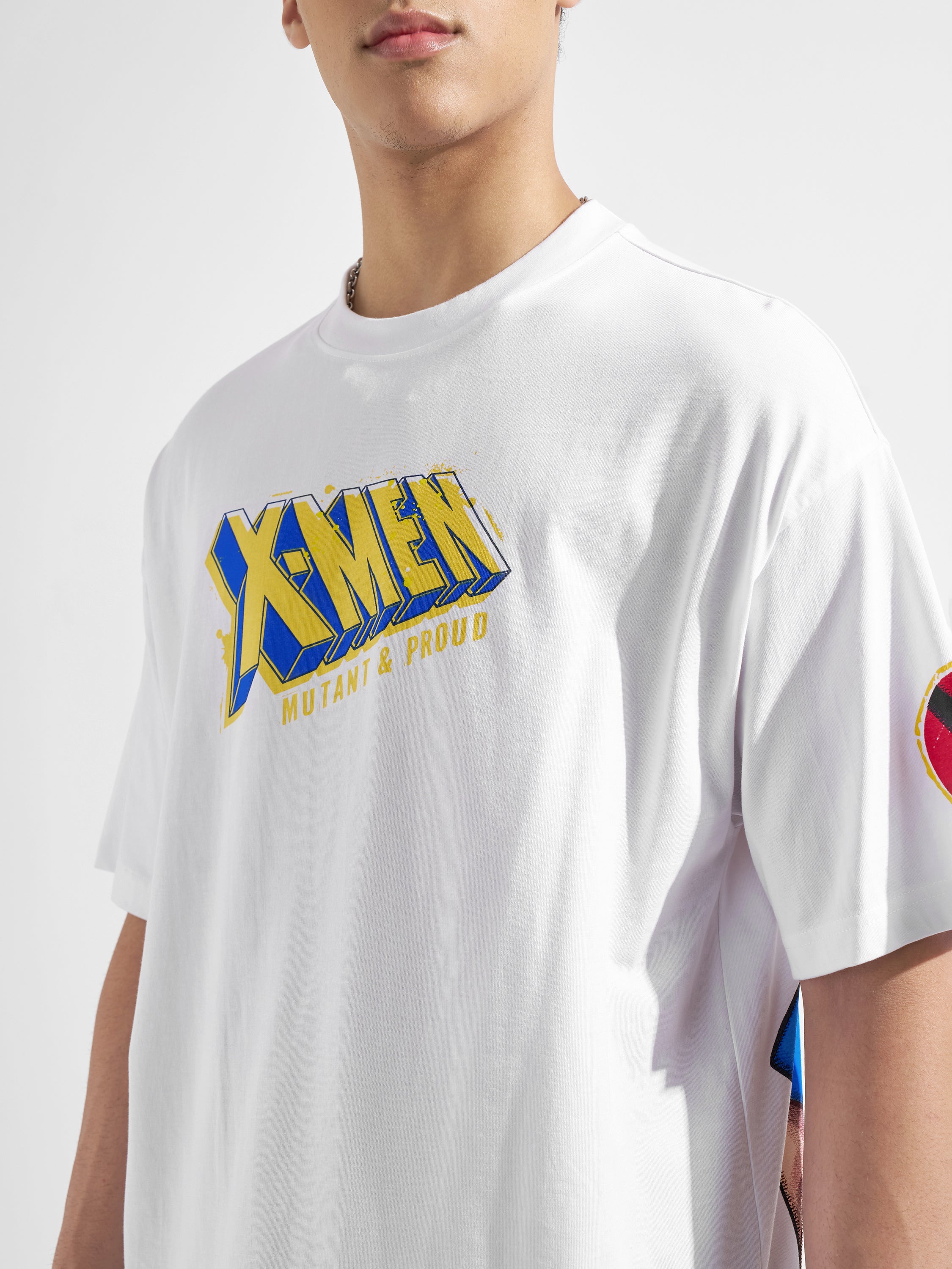 Marvel By Highlander Men White X-Men Printed Round Neck Oversized Fit T-Shirt
