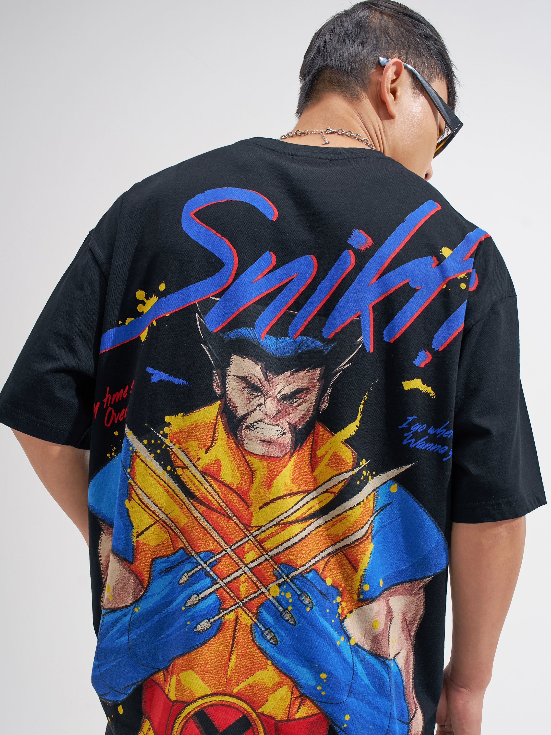 Marvel By Highlander Men Black X-Men Printed Round Neck Oversized Fit T-Shirt