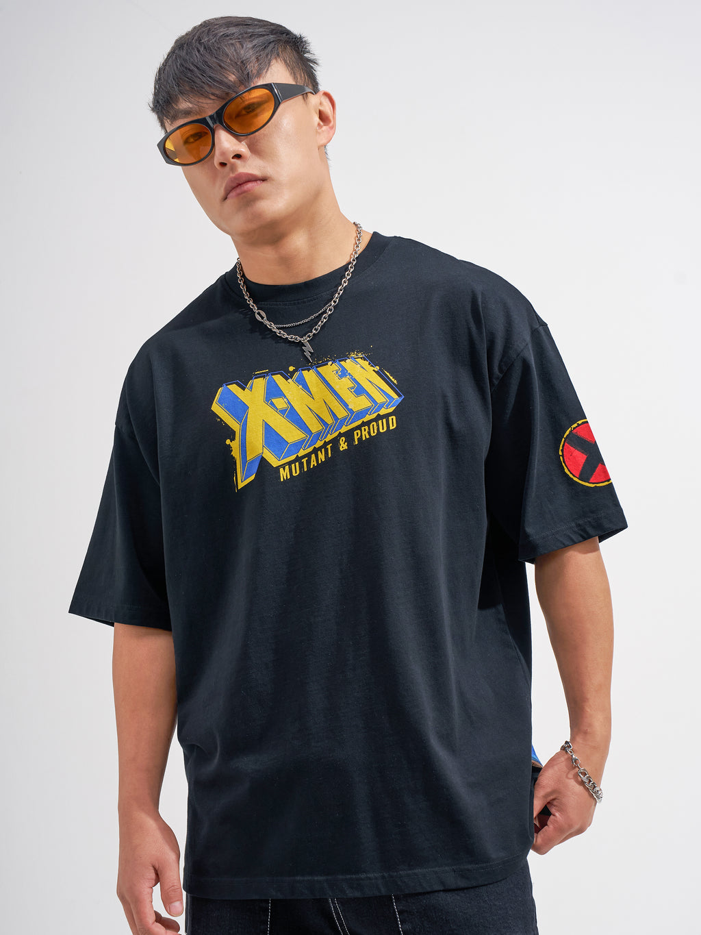 Marvel By Highlander Men Black X-Men Printed Round Neck Oversized Fit T-Shirt