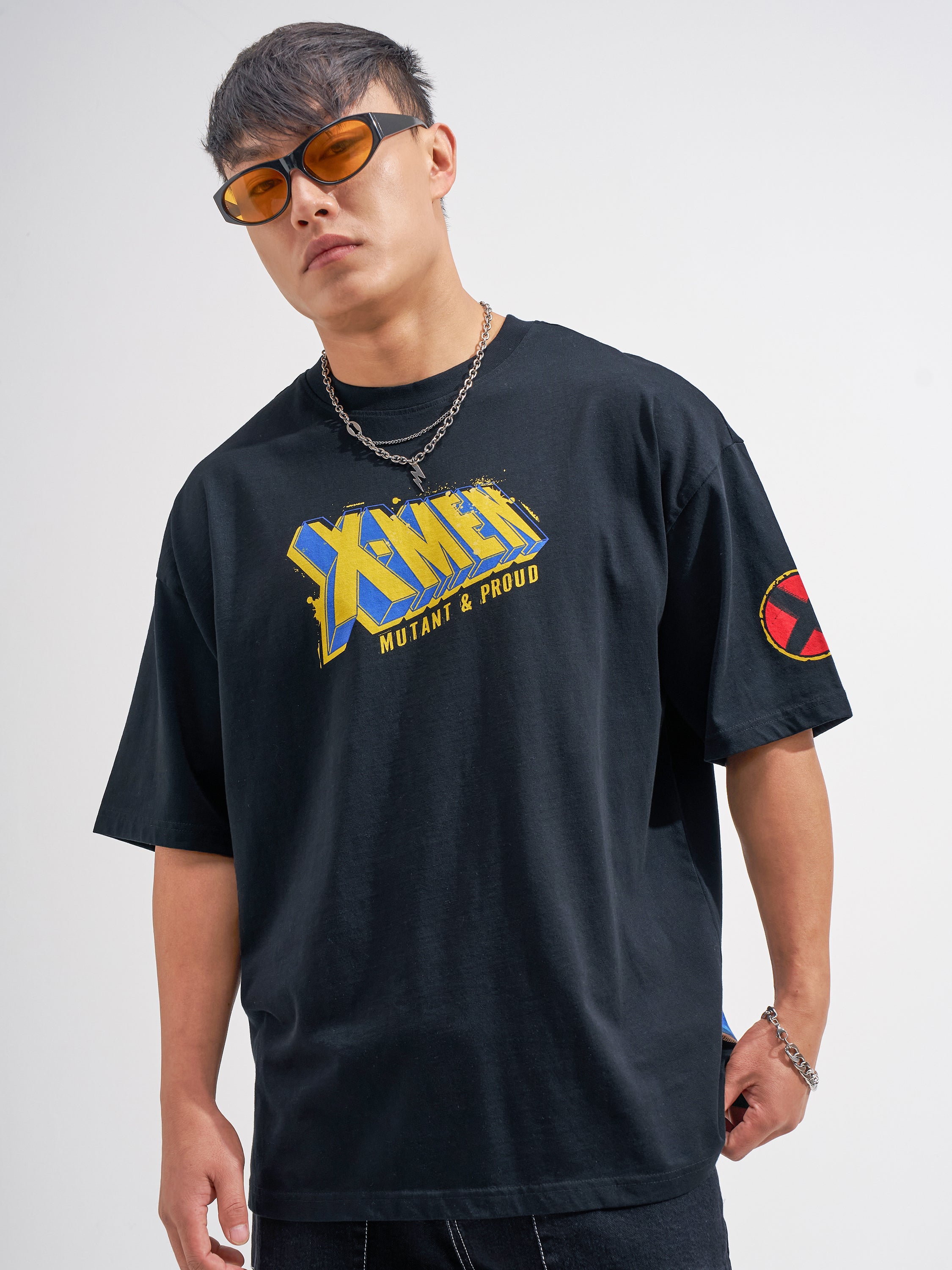 Marvel By Highlander Men Black X-Men Printed Round Neck Oversized Fit T-Shirt