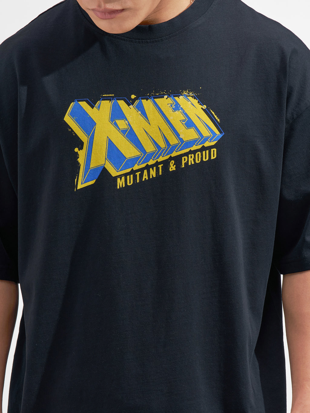 Marvel By Highlander Men Black X-Men Printed Round Neck Oversized Fit T-Shirt