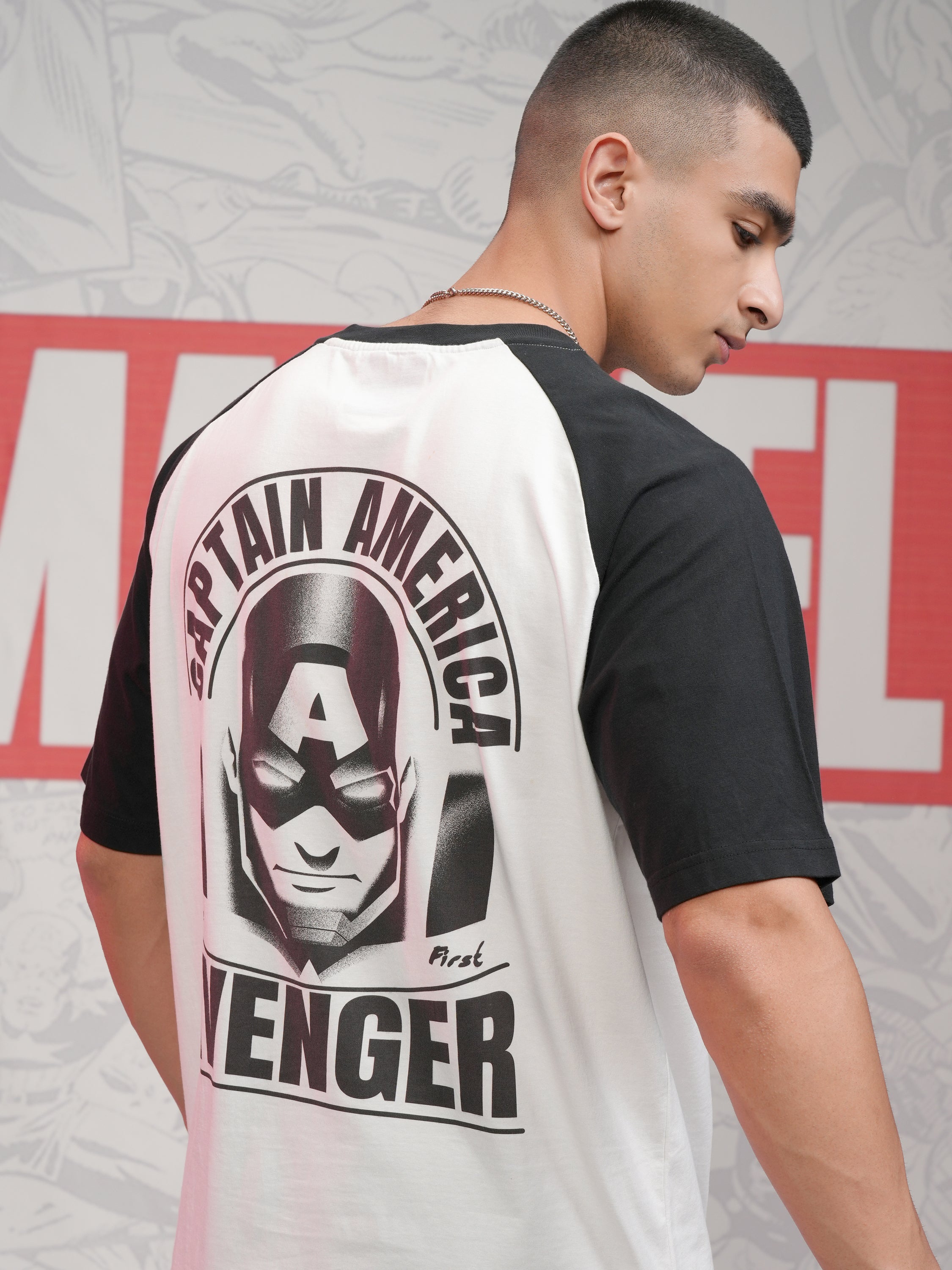 Marvel By Highlander Men White Captain America Printed Round Neck Oversized Fit T-Shirt - White - Image 1