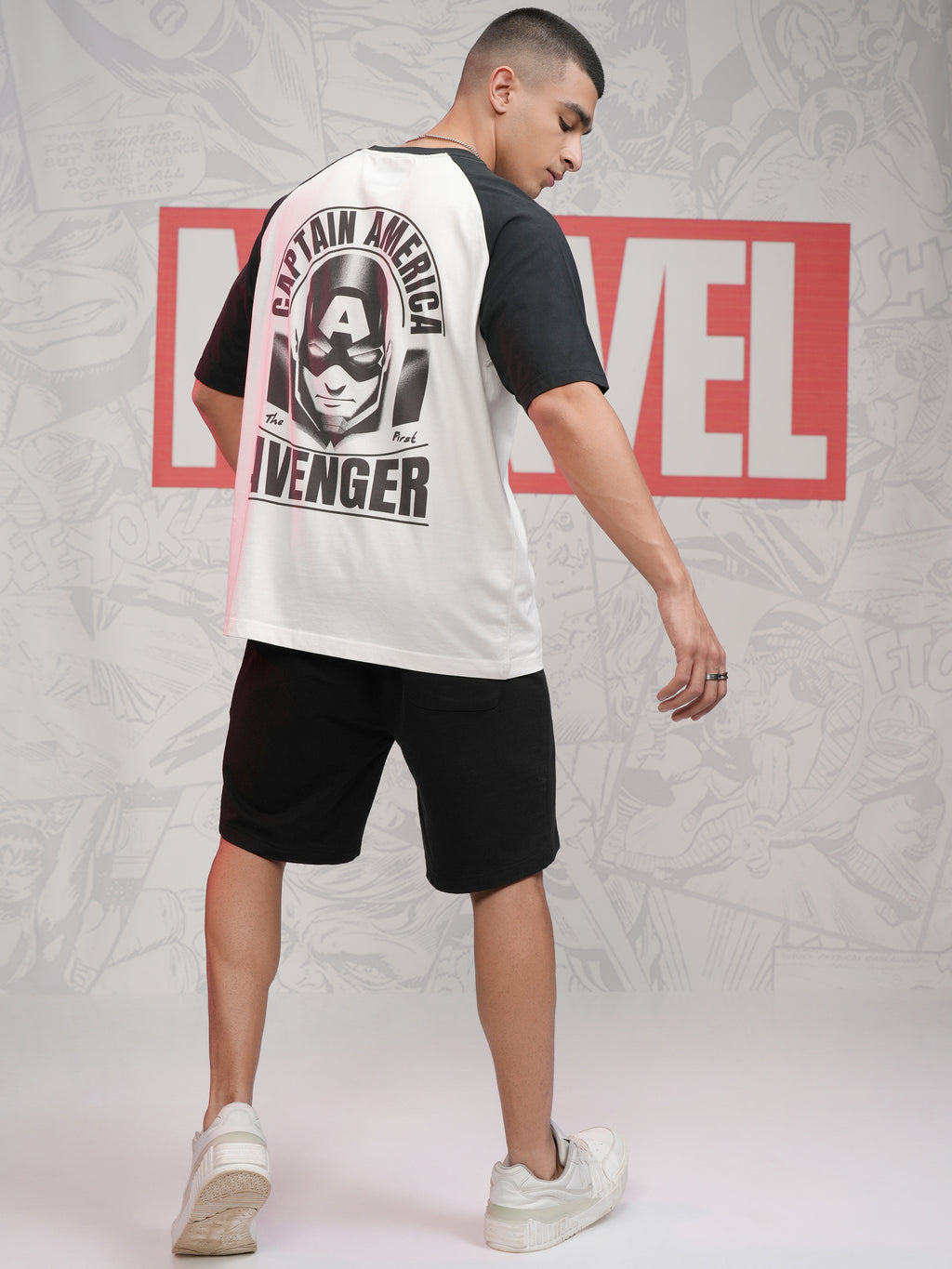 Marvel By Highlander Men White Captain America Printed Round Neck Oversized Fit T-Shirt - White - Image 2