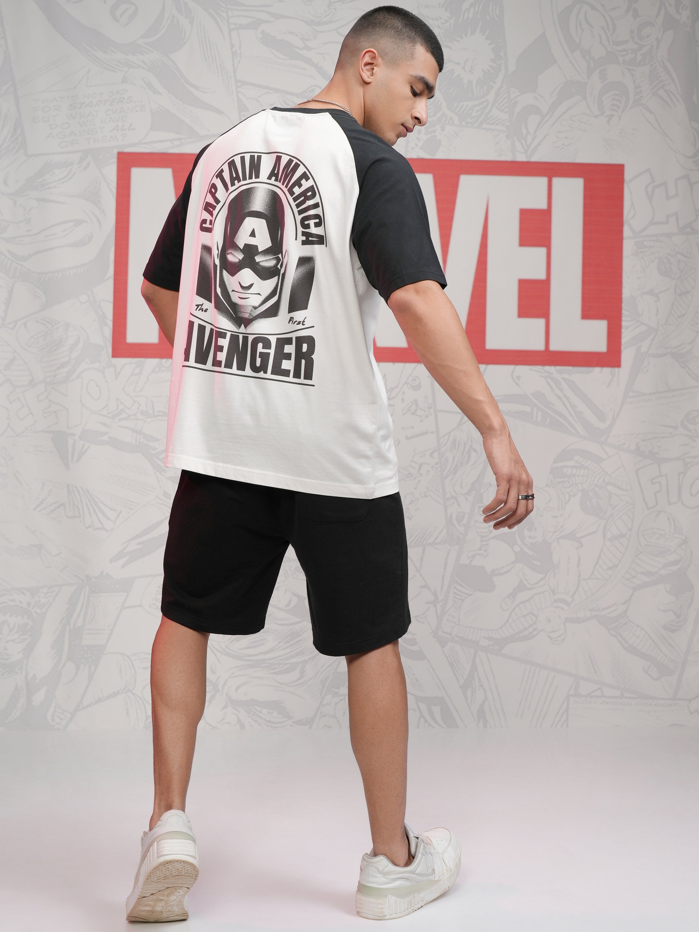 Marvel By Highlander Men White Captain America Printed Round Neck Oversized Fit T-Shirt - White - Image 2