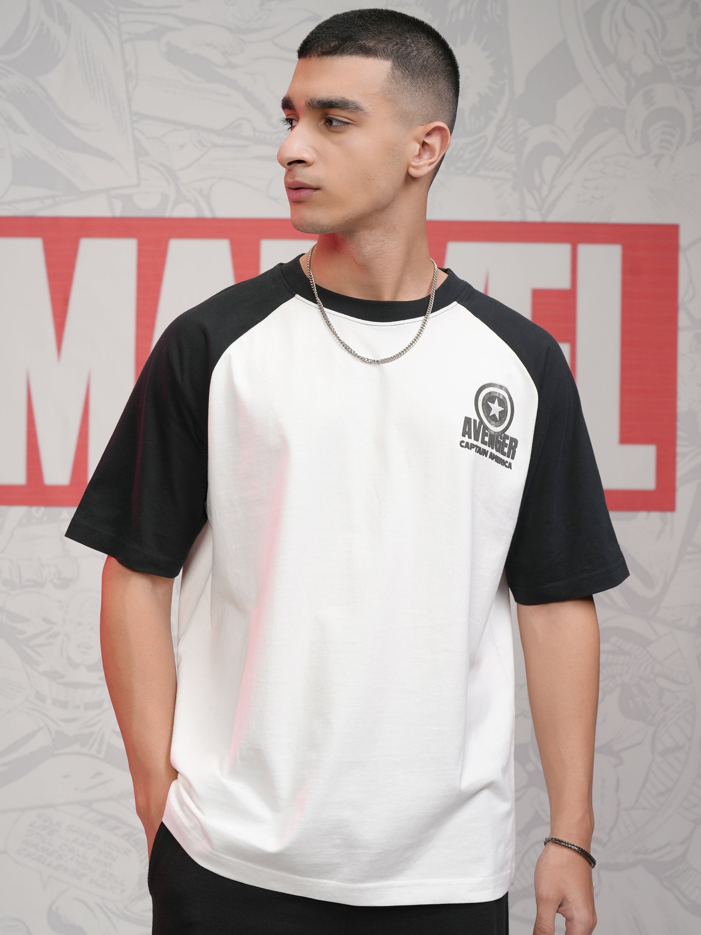 Marvel By Highlander Men White Captain America Printed Round Neck Oversized Fit T-Shirt - White - Image 3