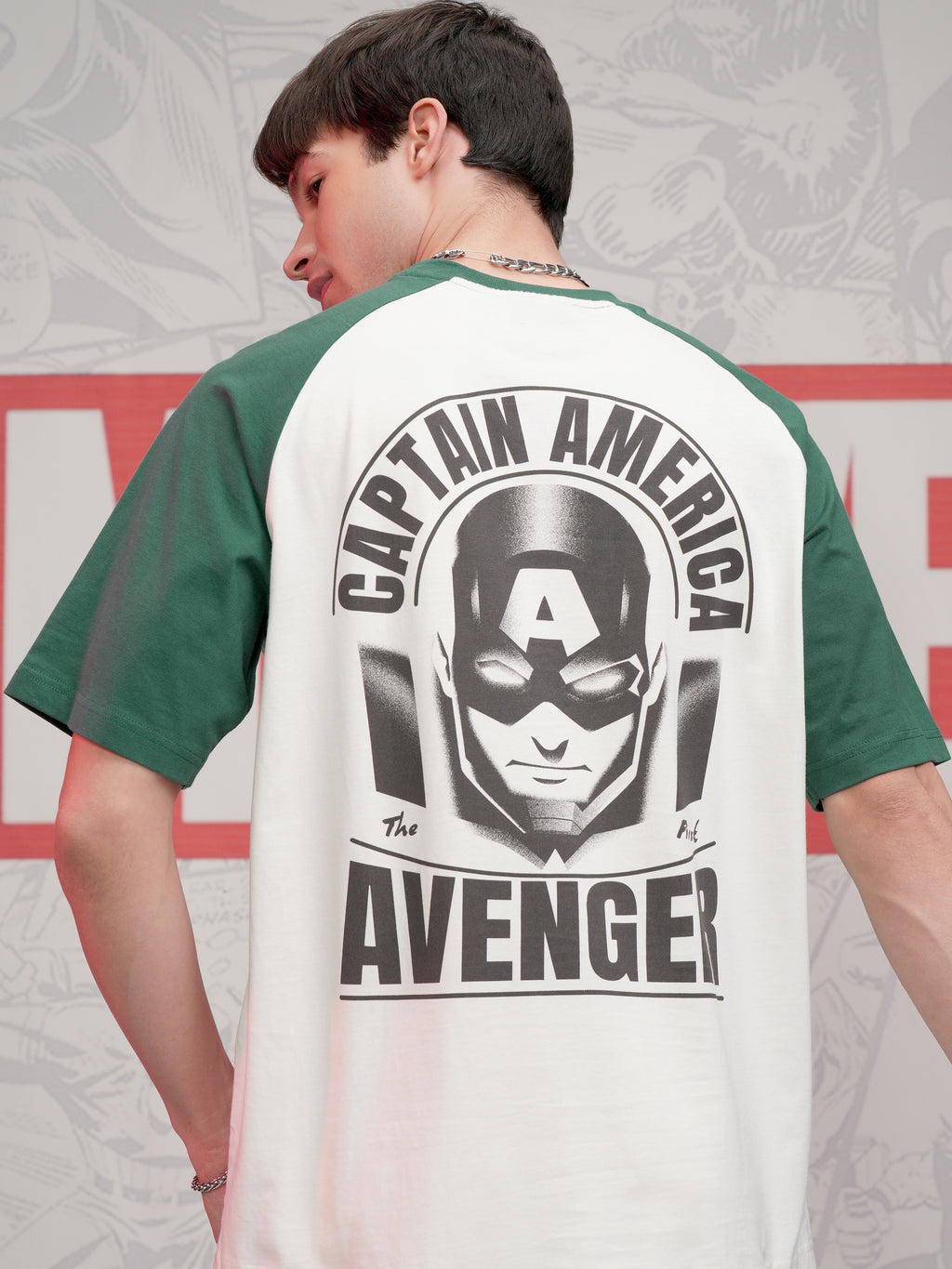 Marvel By Highlander Men Off White Captain America Printed Round Neck Oversized Fit T-Shirt - Off White - Image 1