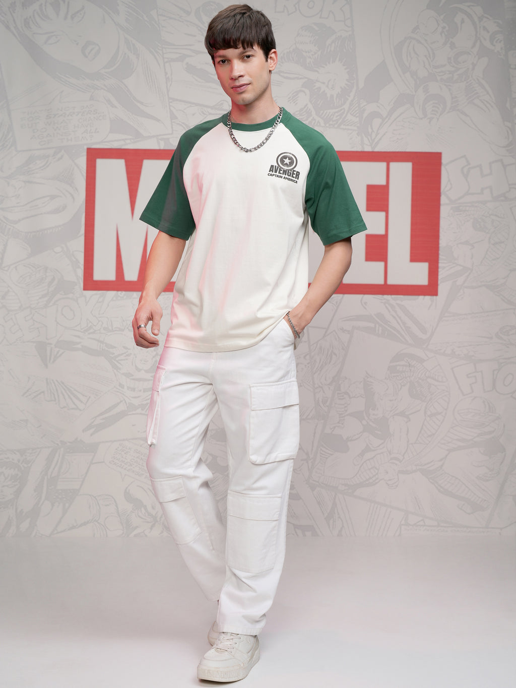 Marvel By Highlander Men Off White Captain America Printed Round Neck Oversized Fit T-Shirt - Off White - Image 2
