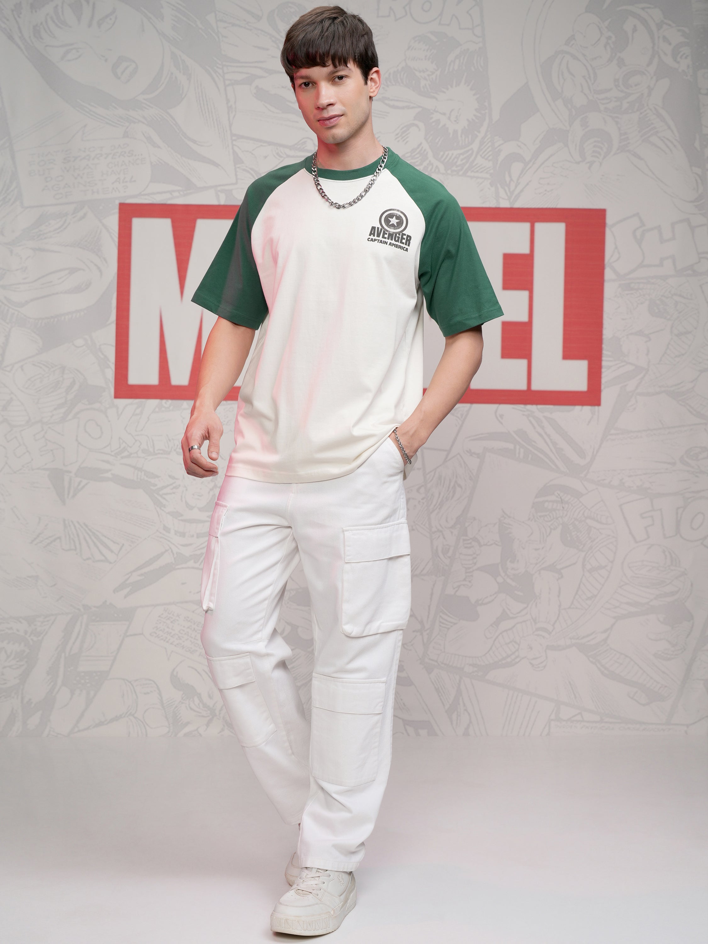 Marvel By Highlander Men Off White Captain America Printed Round Neck Oversized Fit T-Shirt - Off White - Image 2