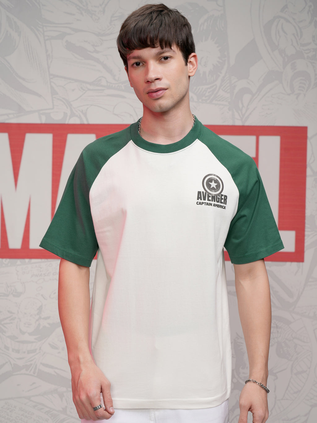Marvel By Highlander Men Off White Captain America Printed Round Neck Oversized Fit T-Shirt - Off White - Image 3