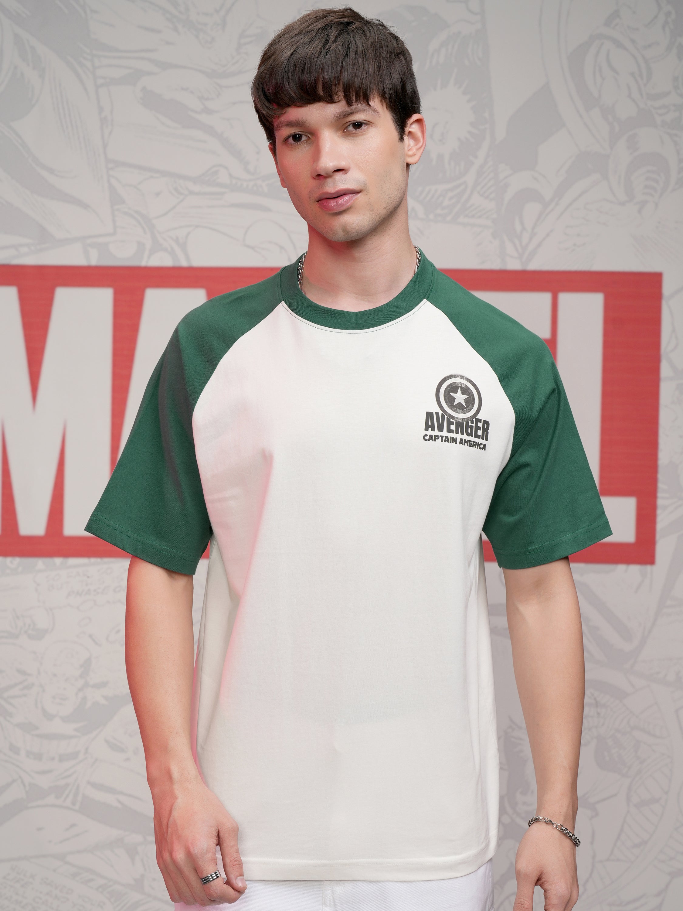 Marvel By Highlander Men Off White Captain America Printed Round Neck Oversized Fit T-Shirt - Off White - Image 3