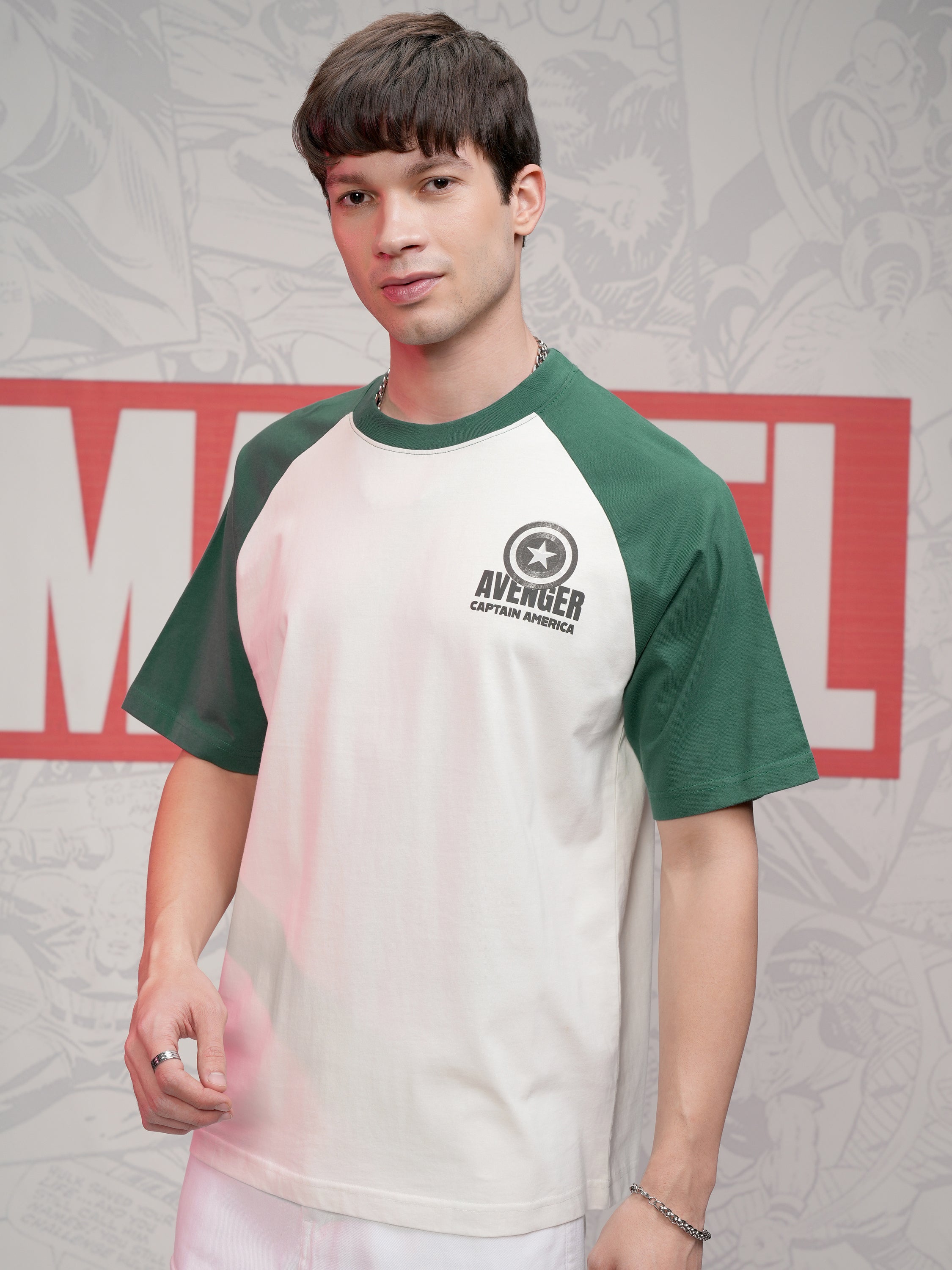 Marvel By Highlander Men Off White Captain America Printed Round Neck Oversized Fit T-Shirt - Off White - Image 4