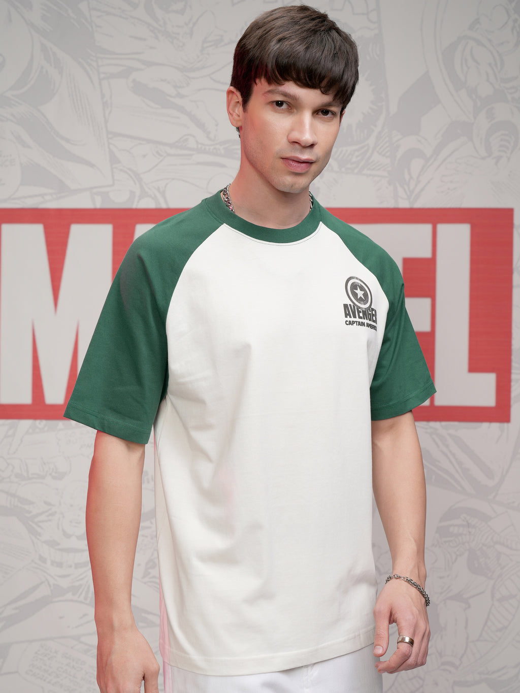 Marvel By Highlander Men Off White Captain America Printed Round Neck Oversized Fit T-Shirt - Off White - Image 6