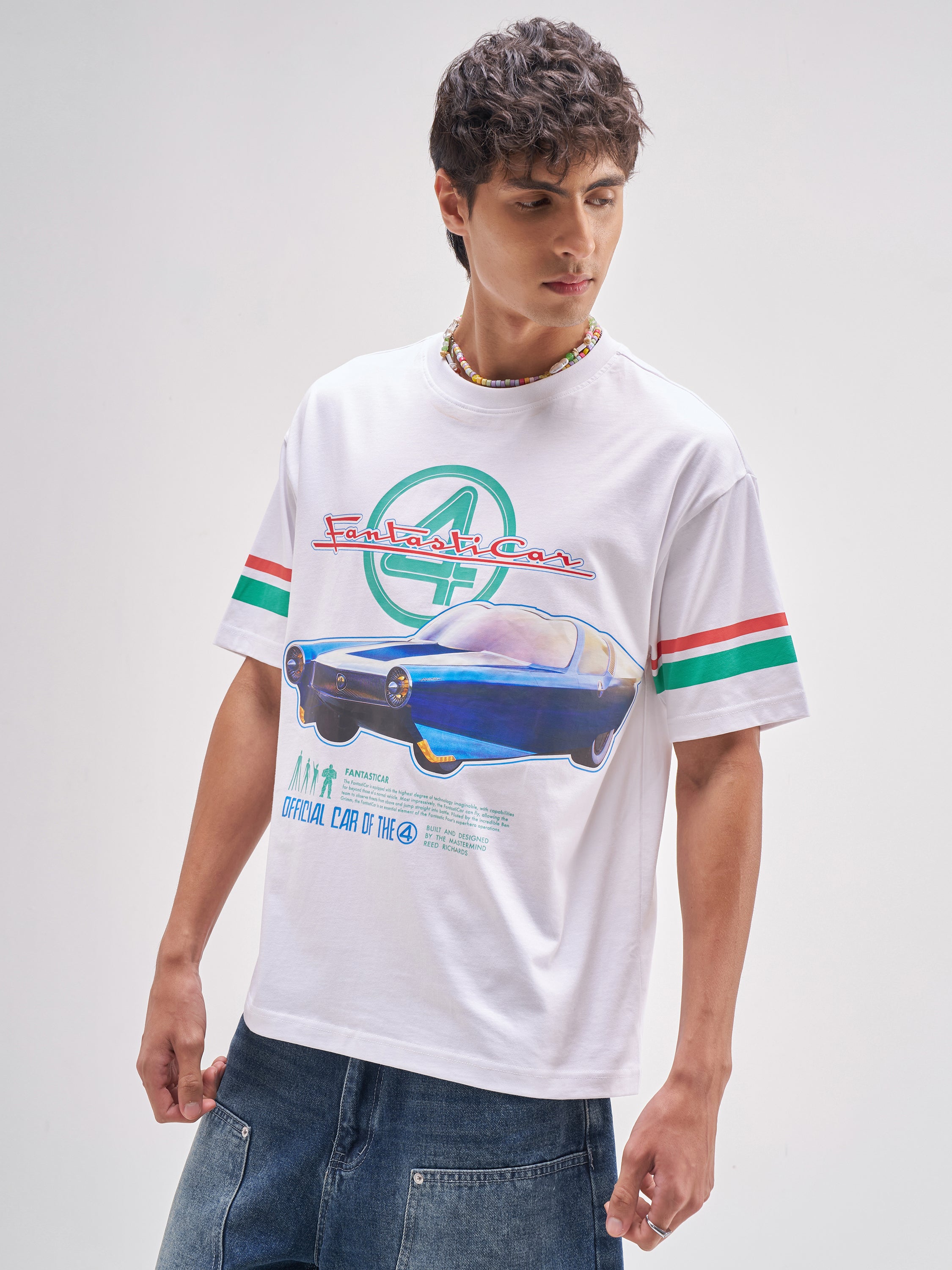 Marvel By Highlander Men White Fantasticar Printed Round Neck T-Shirt - White - Image 4