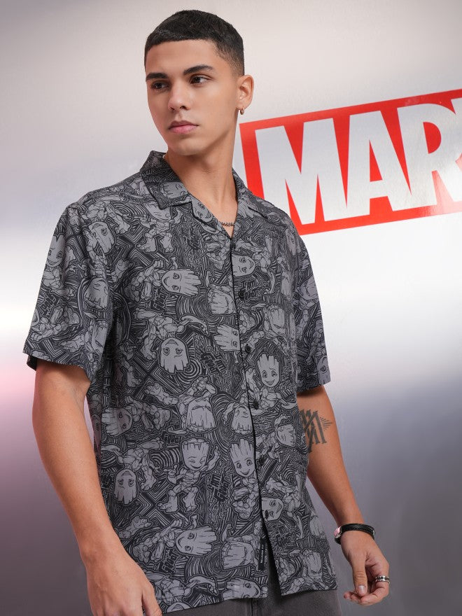 Marvel By Highlander Men Black Groot Printed Relaxed Fit Casual Shirt - Black - Image 6