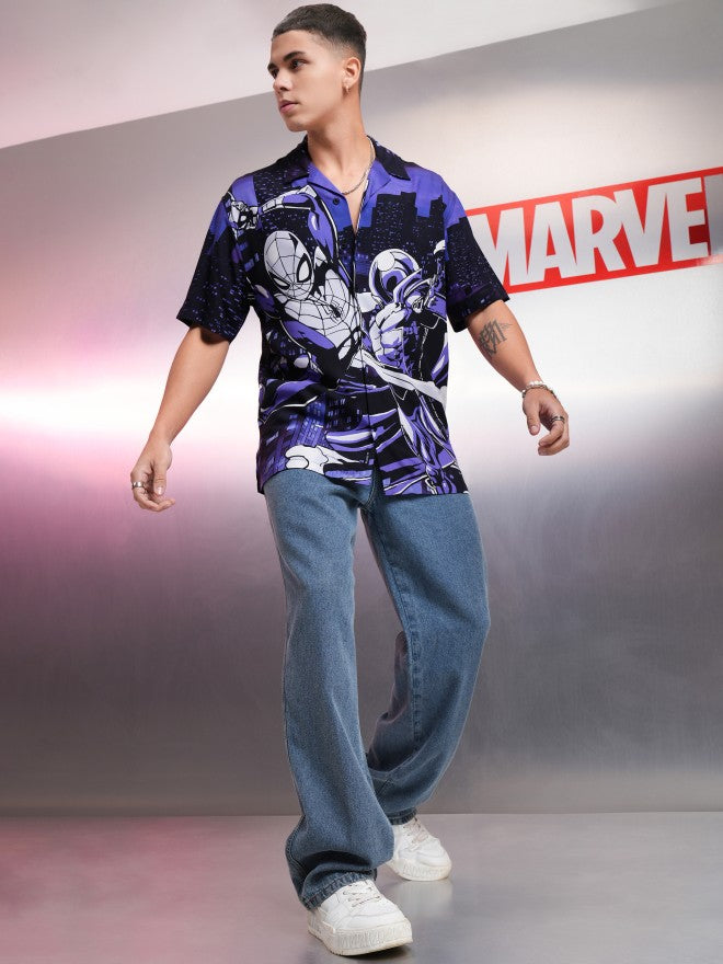 Marvel By Highlander Men Black Spider-Man Printed Relaxed Fit Casual Shirt - Black - Image 2