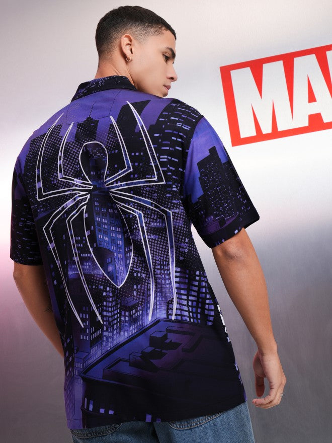 Marvel By Highlander Men Black Spider-Man Printed Relaxed Fit Casual Shirt - Black - Image 3