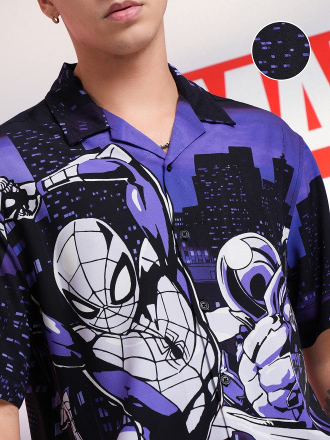 Marvel By Highlander Men Black Spider-Man Printed Relaxed Fit Casual Shirt - Black - Image 5