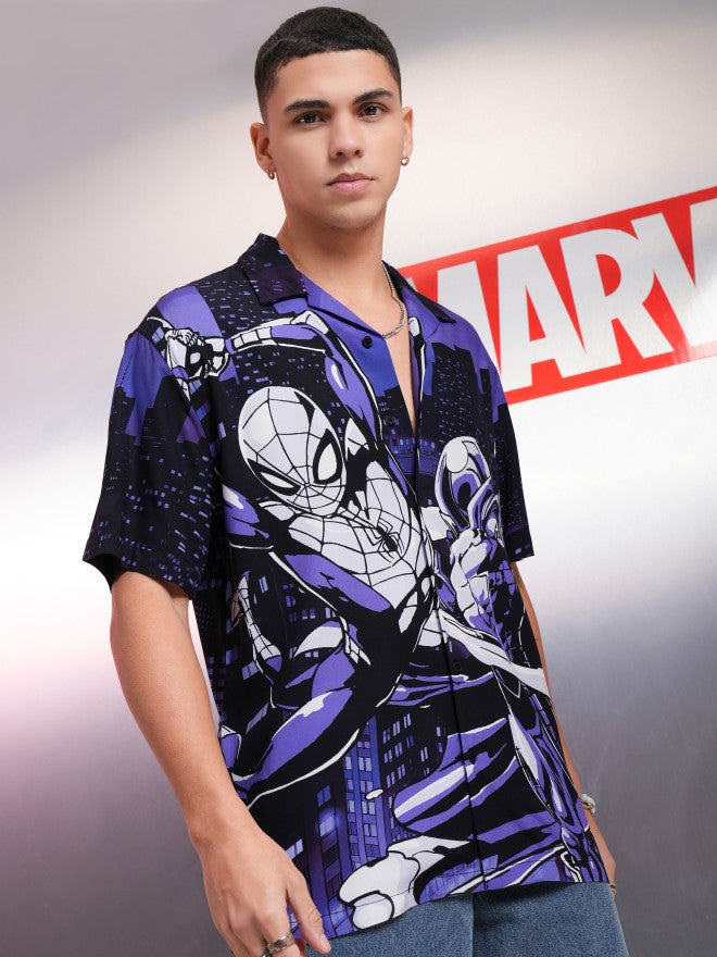 Marvel By Highlander Men Black Spider-Man Printed Relaxed Fit Casual Shirt - Black - Image 6