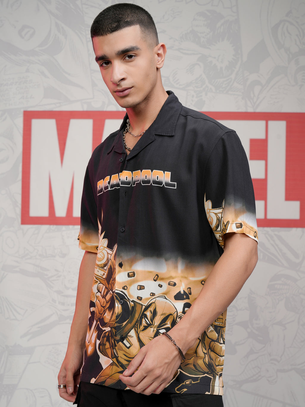 Marvel By Highlander Men Black Deadpool Printed Relaxed Fit Casual Shirt - Black - Image 4