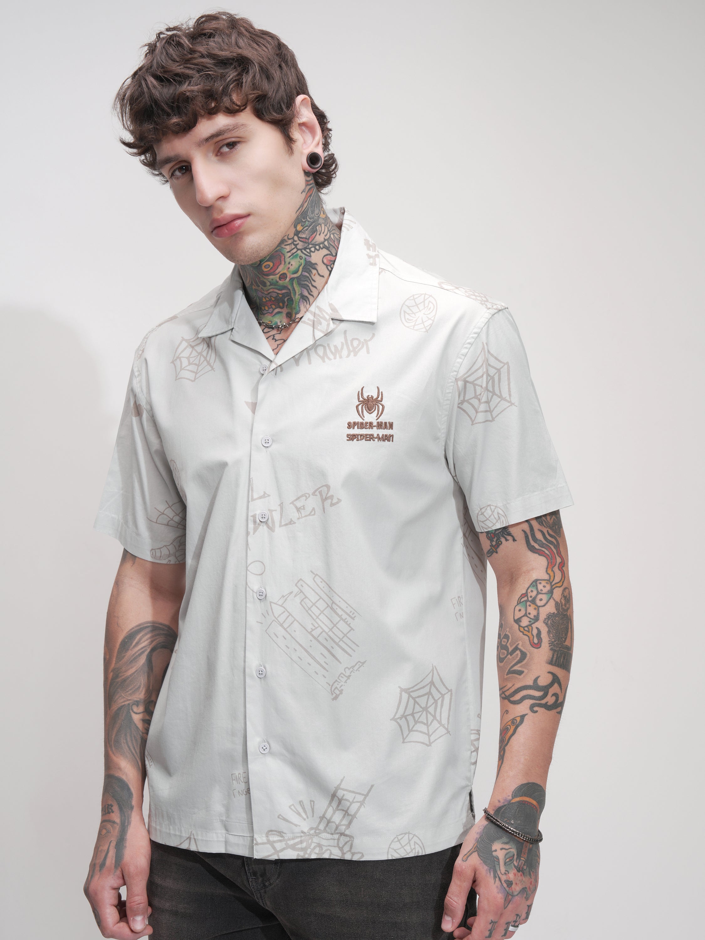 Marvel By Highlander Men Grey Spider-Man Printed Relaxed Fit Casual Shirt - Grey - Image 4