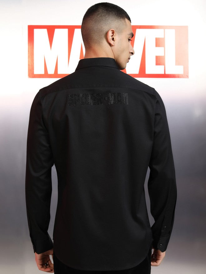 Marvel By Highlander Men Black Spider-Man Embellished Slim Fit Casual Shirt - Black - Image 3